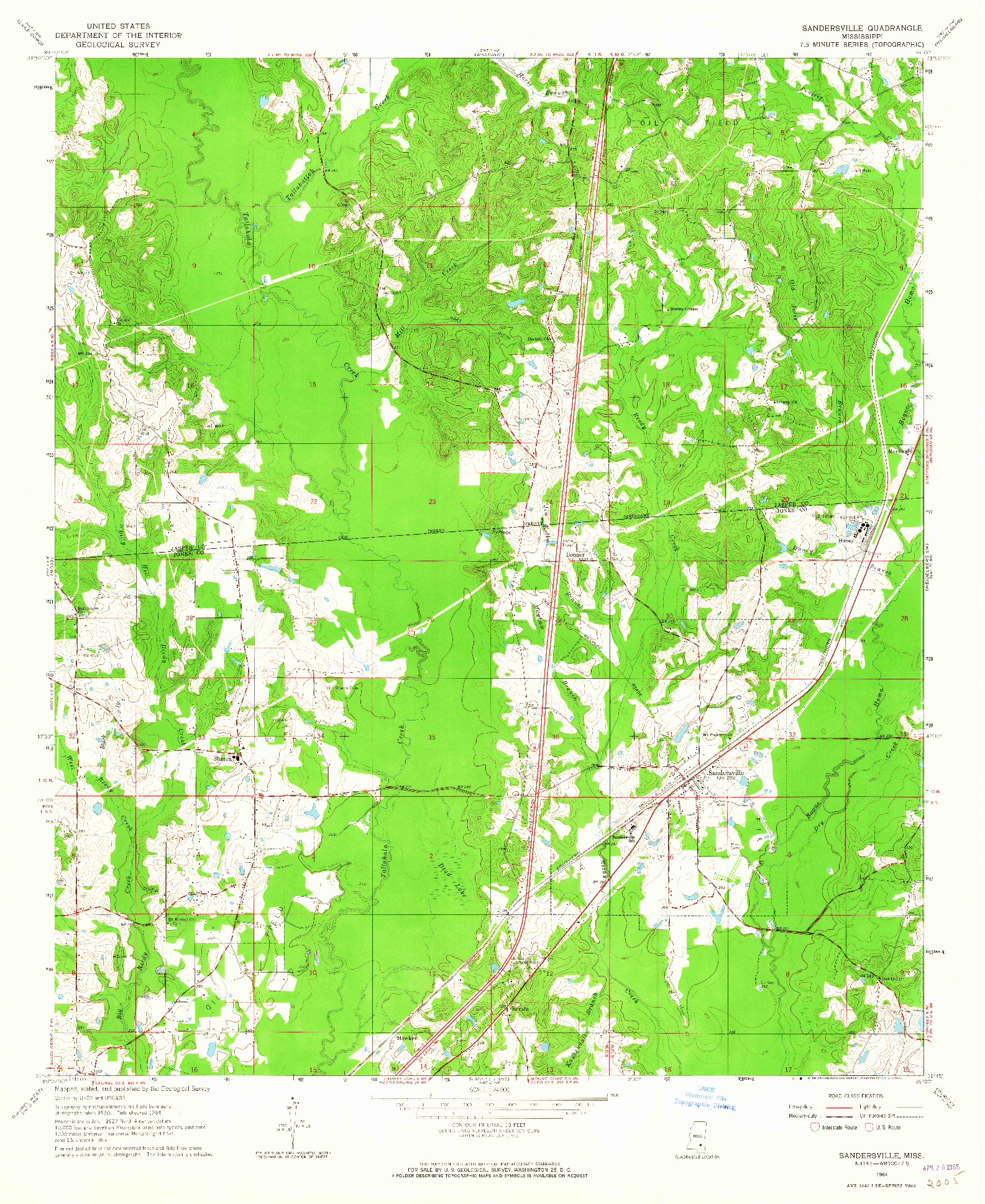 USGS 1:24000-SCALE QUADRANGLE FOR SANDERSVILLE, MS 1964