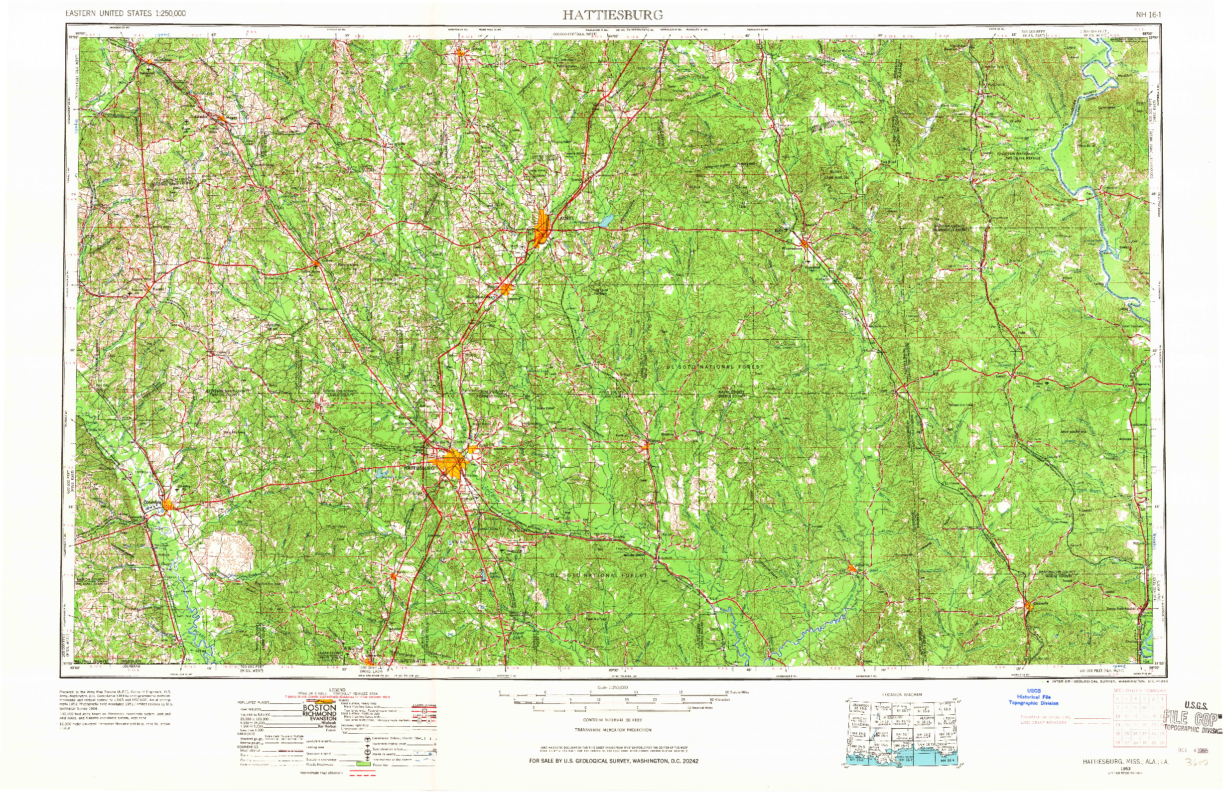 USGS 1:250000-SCALE QUADRANGLE FOR HATTIESBURG, MS 1953