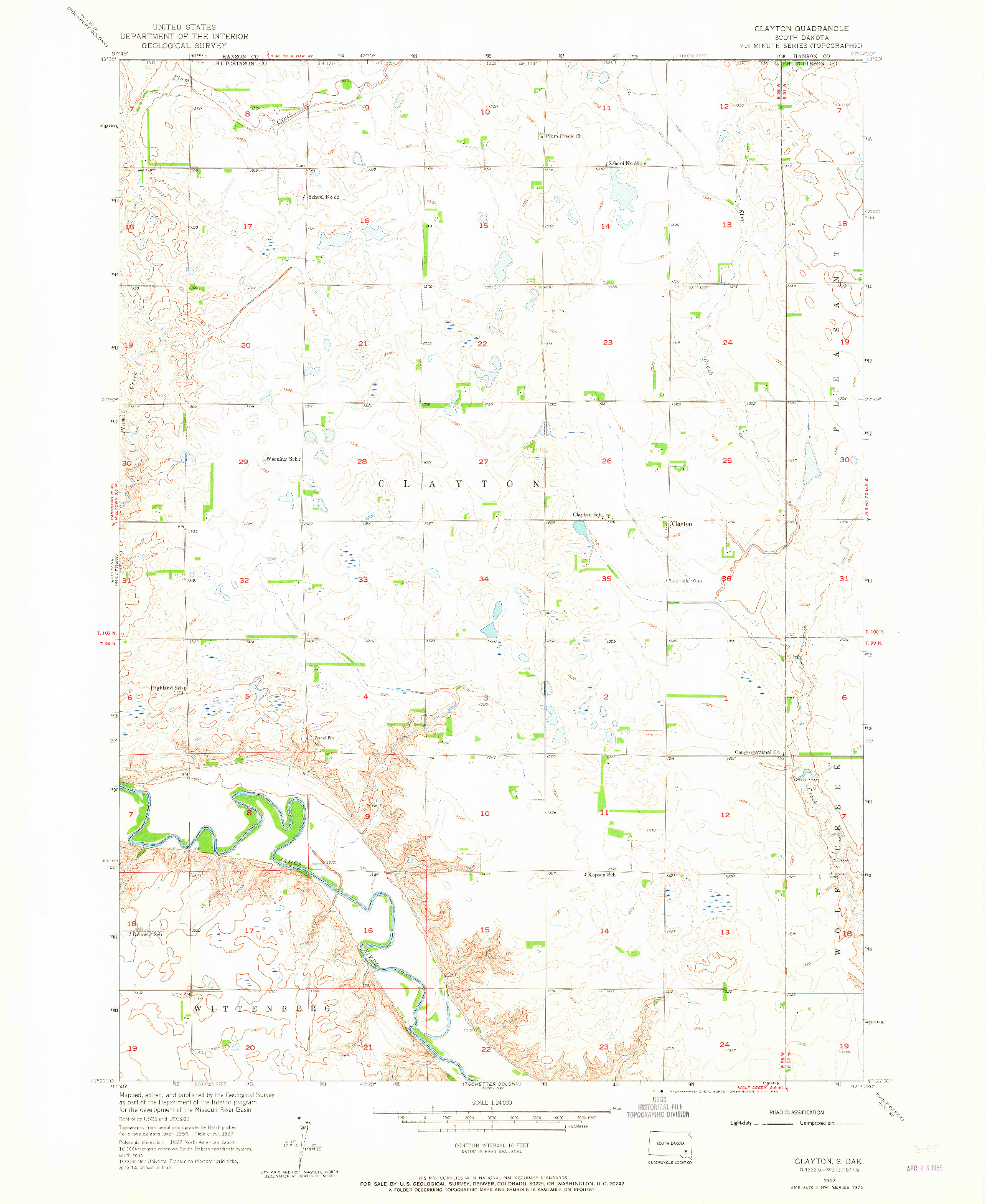 USGS 1:24000-SCALE QUADRANGLE FOR CLAYTON, SD 1957