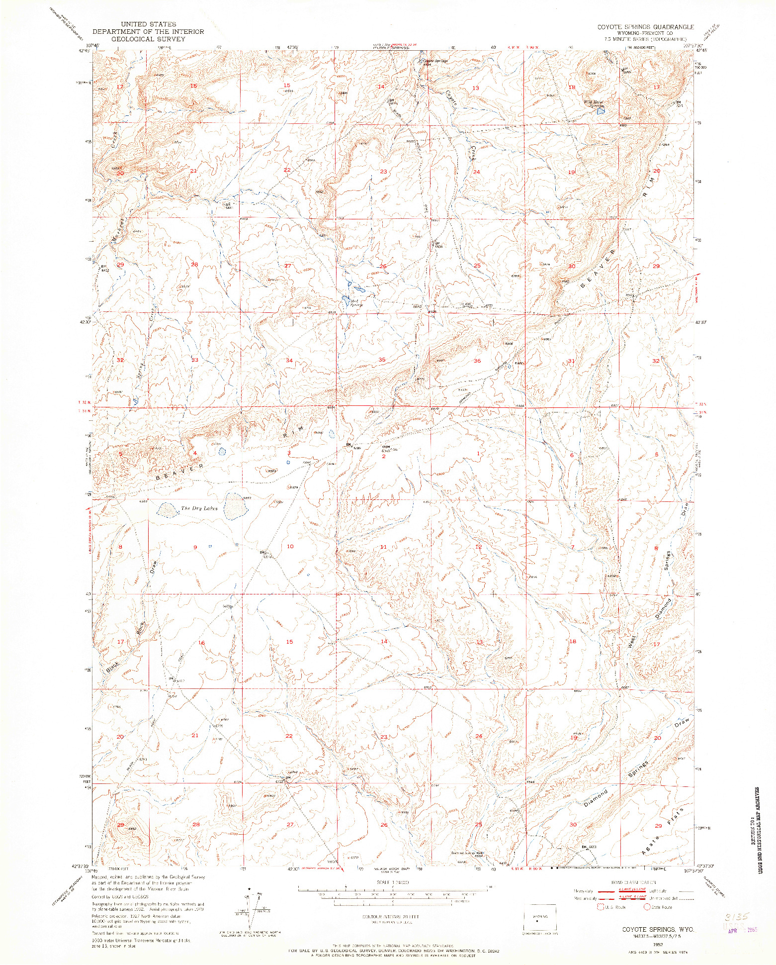 USGS 1:24000-SCALE QUADRANGLE FOR COYOTE SPRINGS, WY 1952