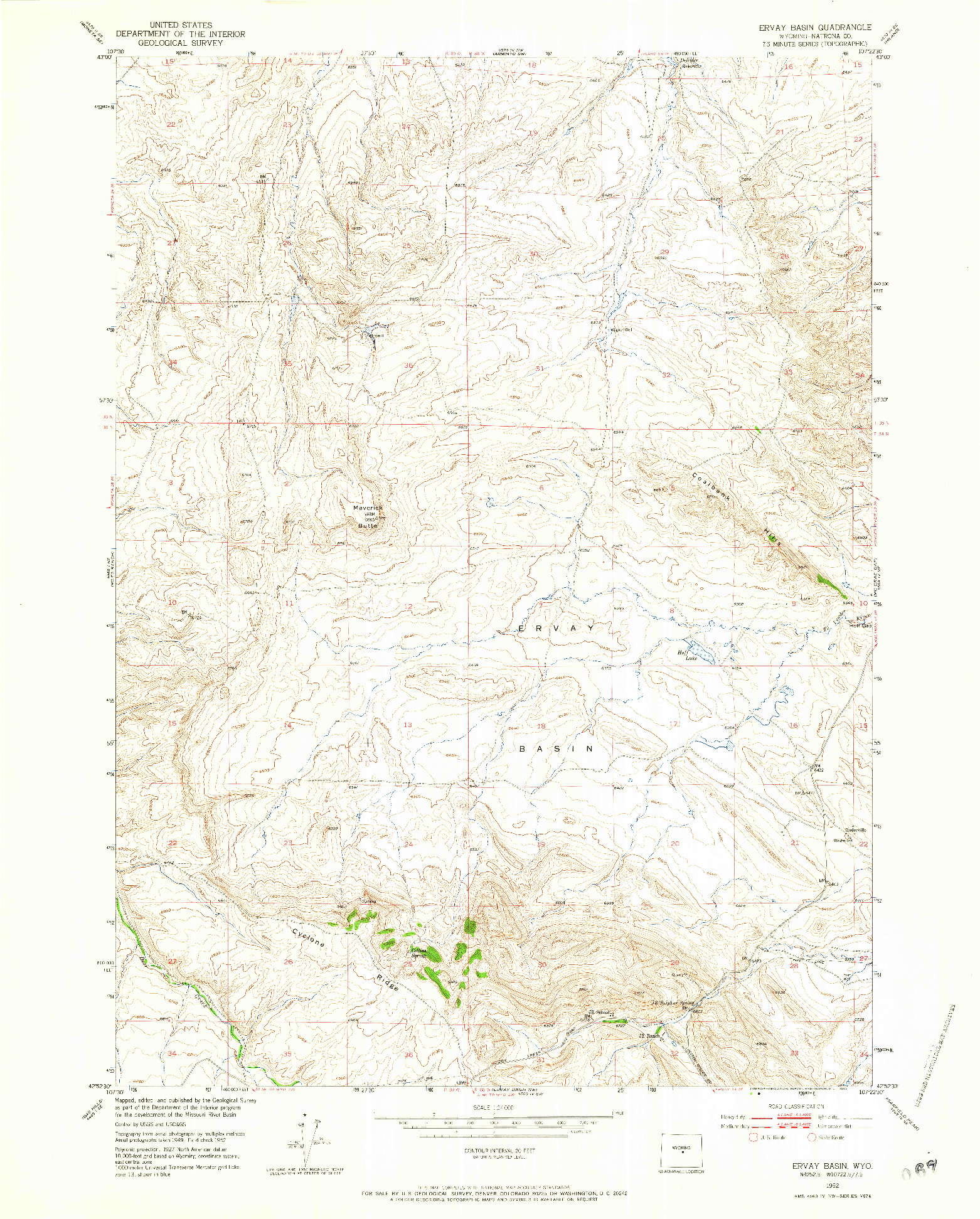 USGS 1:24000-SCALE QUADRANGLE FOR ERVAY BASIN, WY 1952