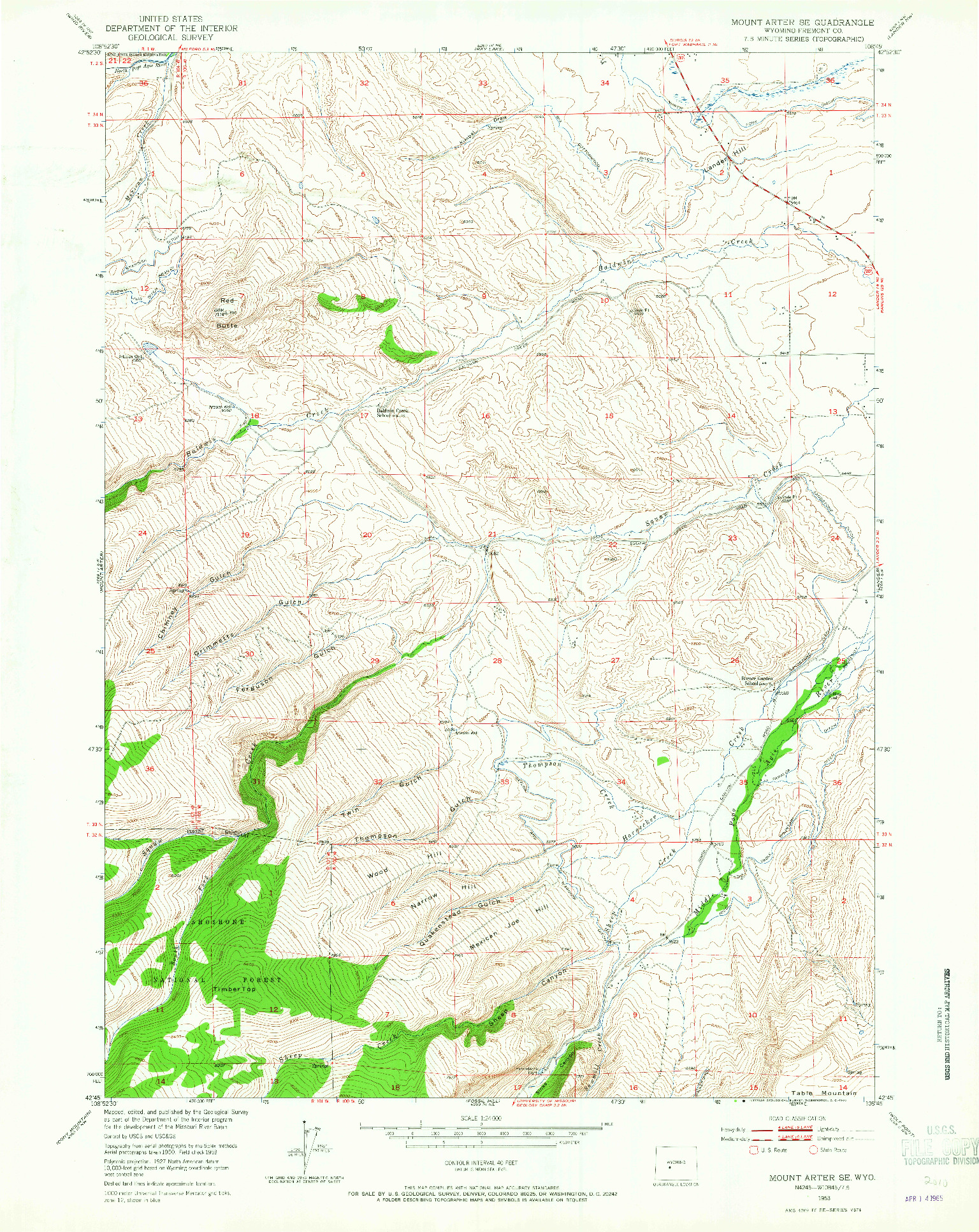 USGS 1:24000-SCALE QUADRANGLE FOR MOUNT ARTER SE, WY 1953