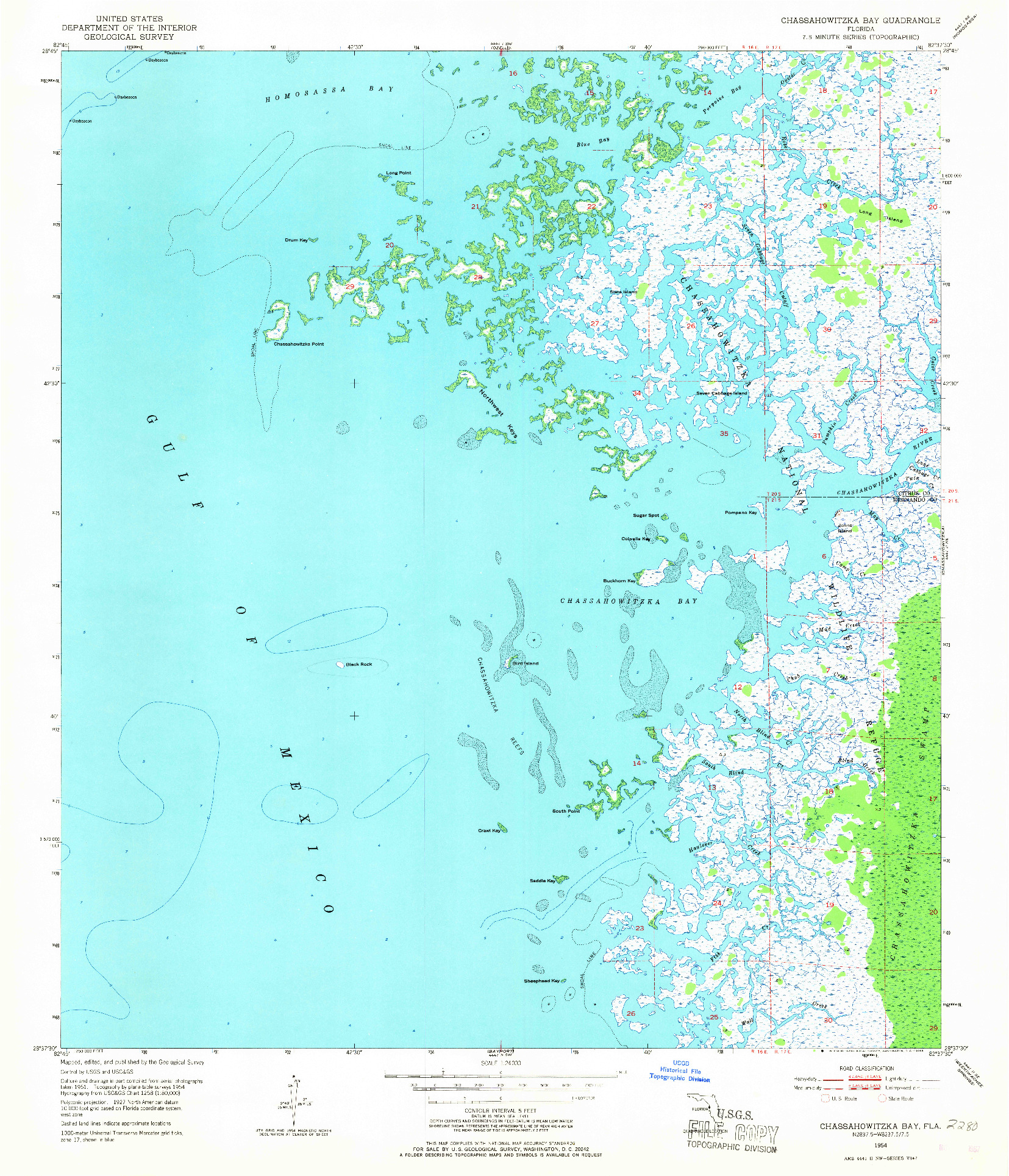 USGS 1:24000-SCALE QUADRANGLE FOR CHASSAHOWITZKA BAY, FL 1954