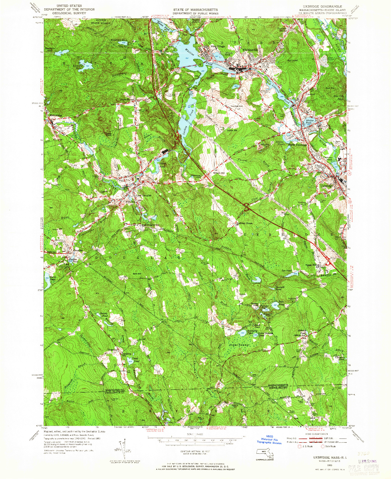 USGS 1:24000-SCALE QUADRANGLE FOR UXBRIDGE, MA 1953