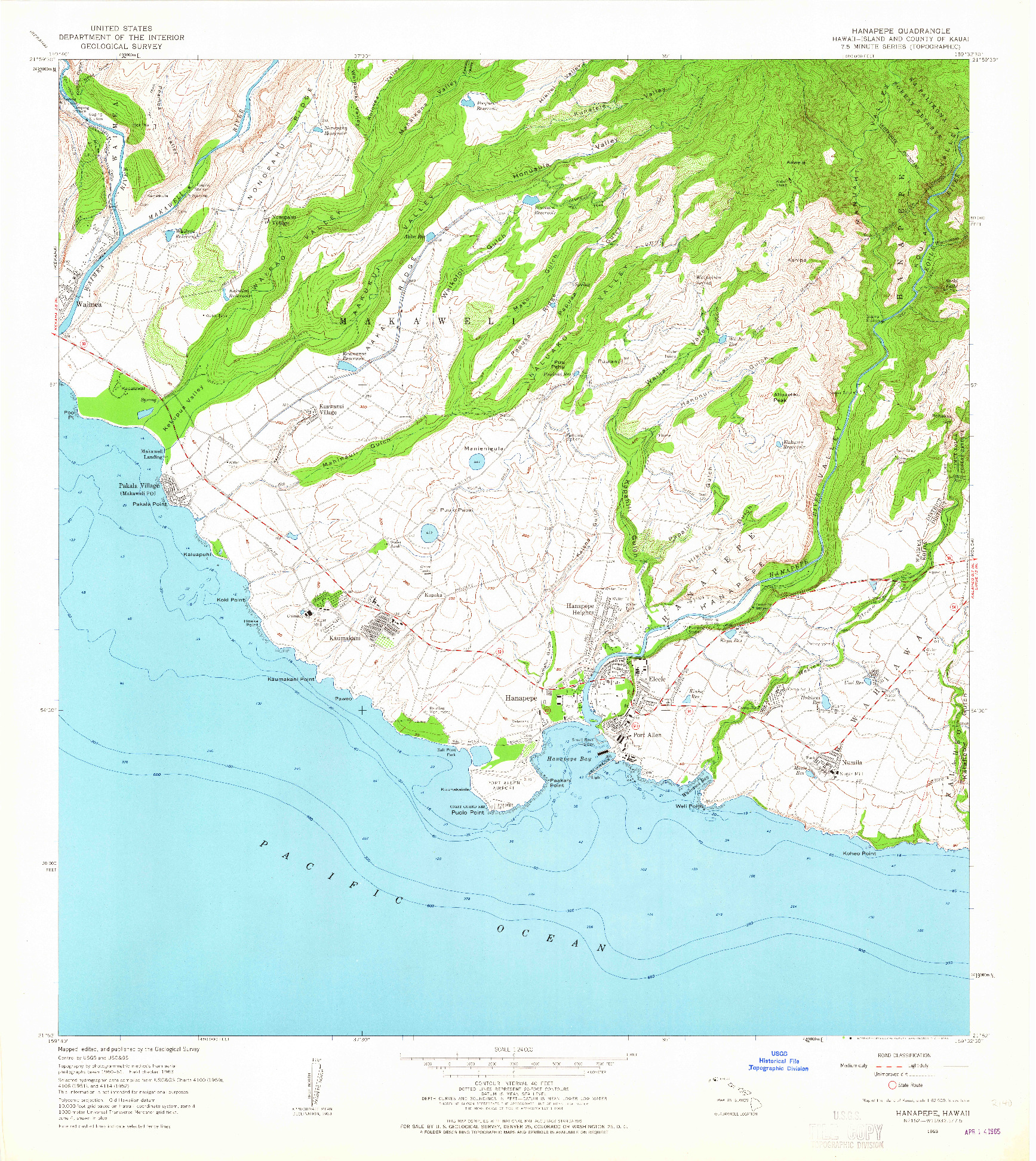 USGS 1:24000-SCALE QUADRANGLE FOR HANAPEPE, HI 1963