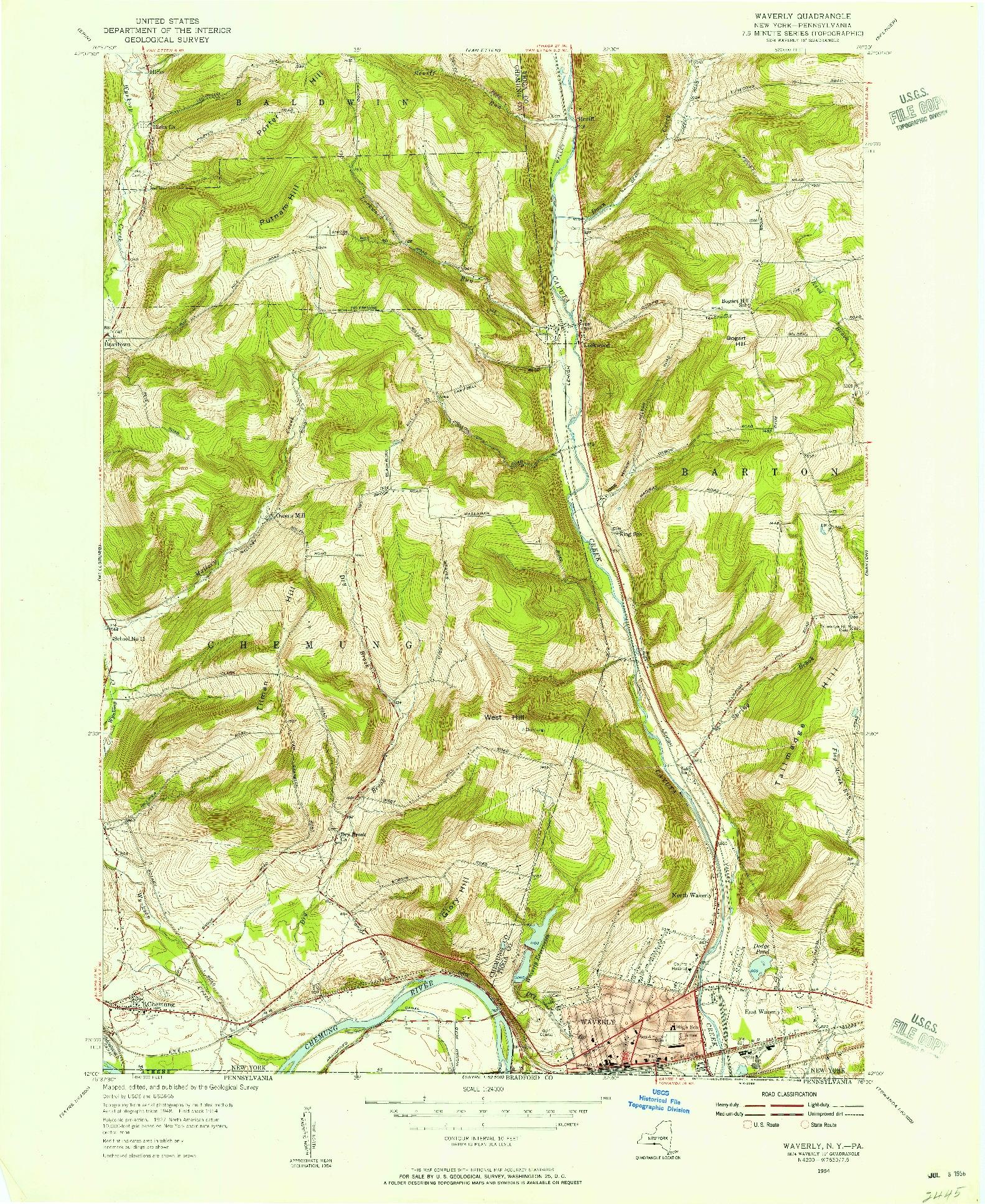 USGS 1:24000-SCALE QUADRANGLE FOR WAVERLY, NY 1954