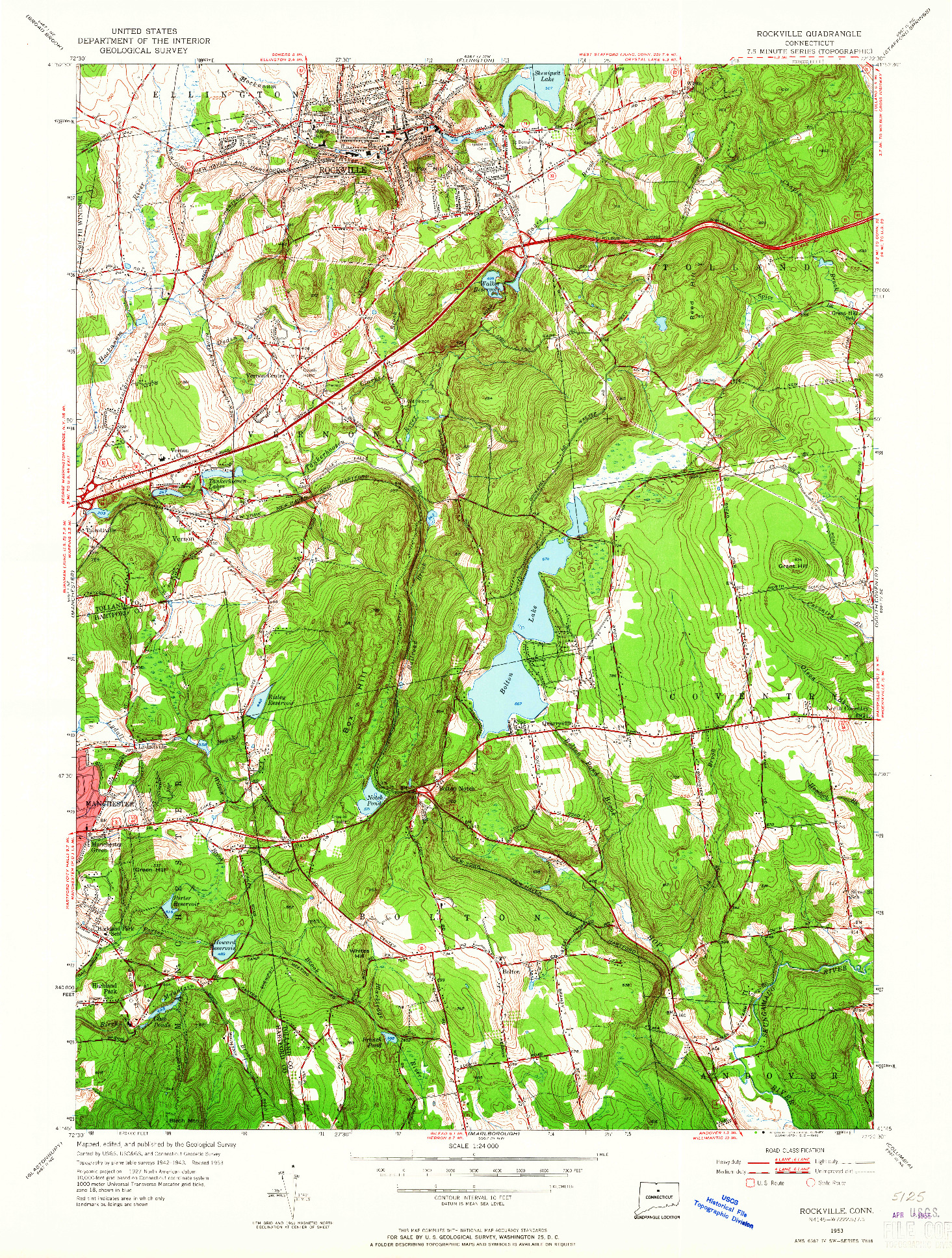 USGS 1:24000-SCALE QUADRANGLE FOR ROCKVILLE, CT 1953