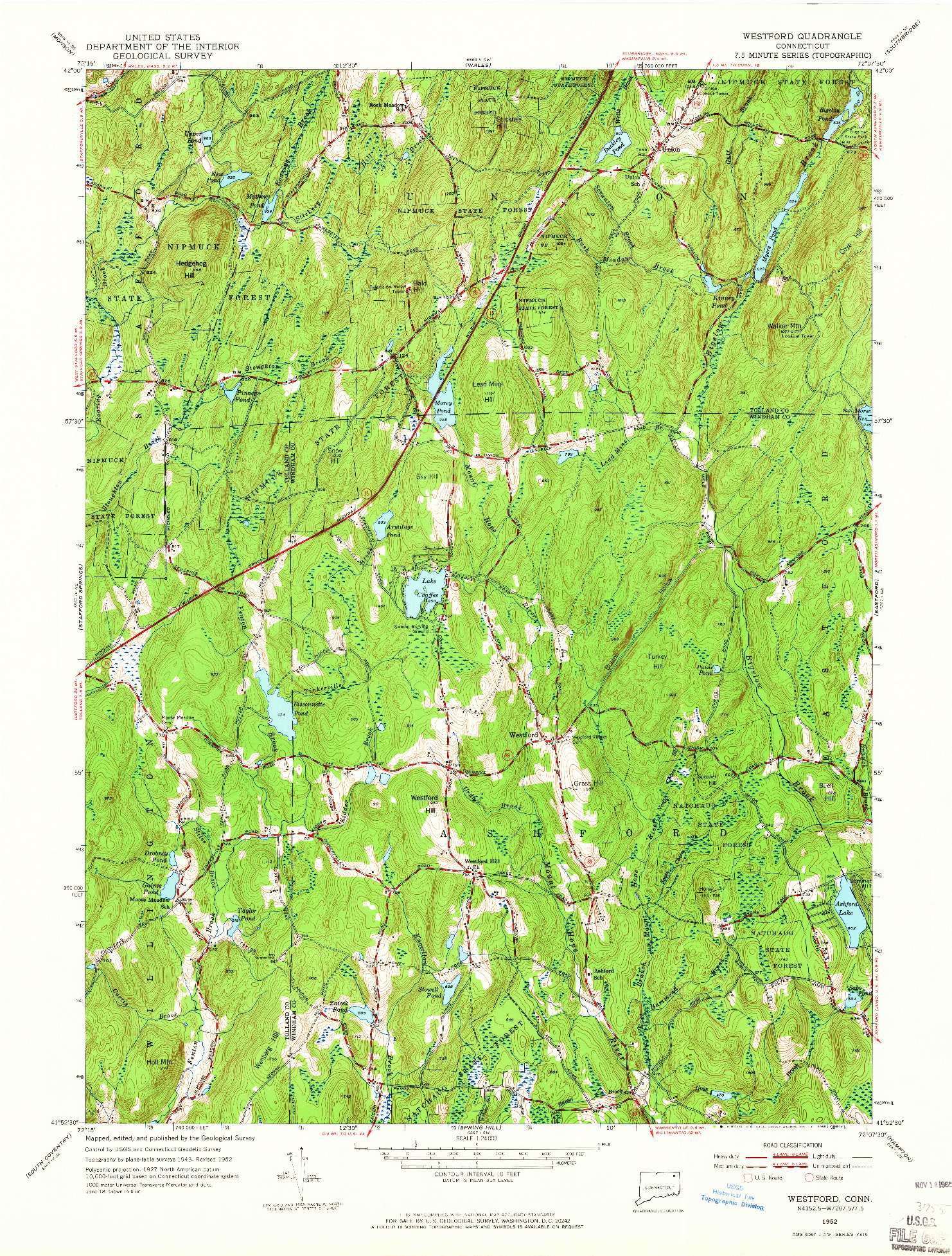 USGS 1:24000-SCALE QUADRANGLE FOR WESTFORD, CT 1952