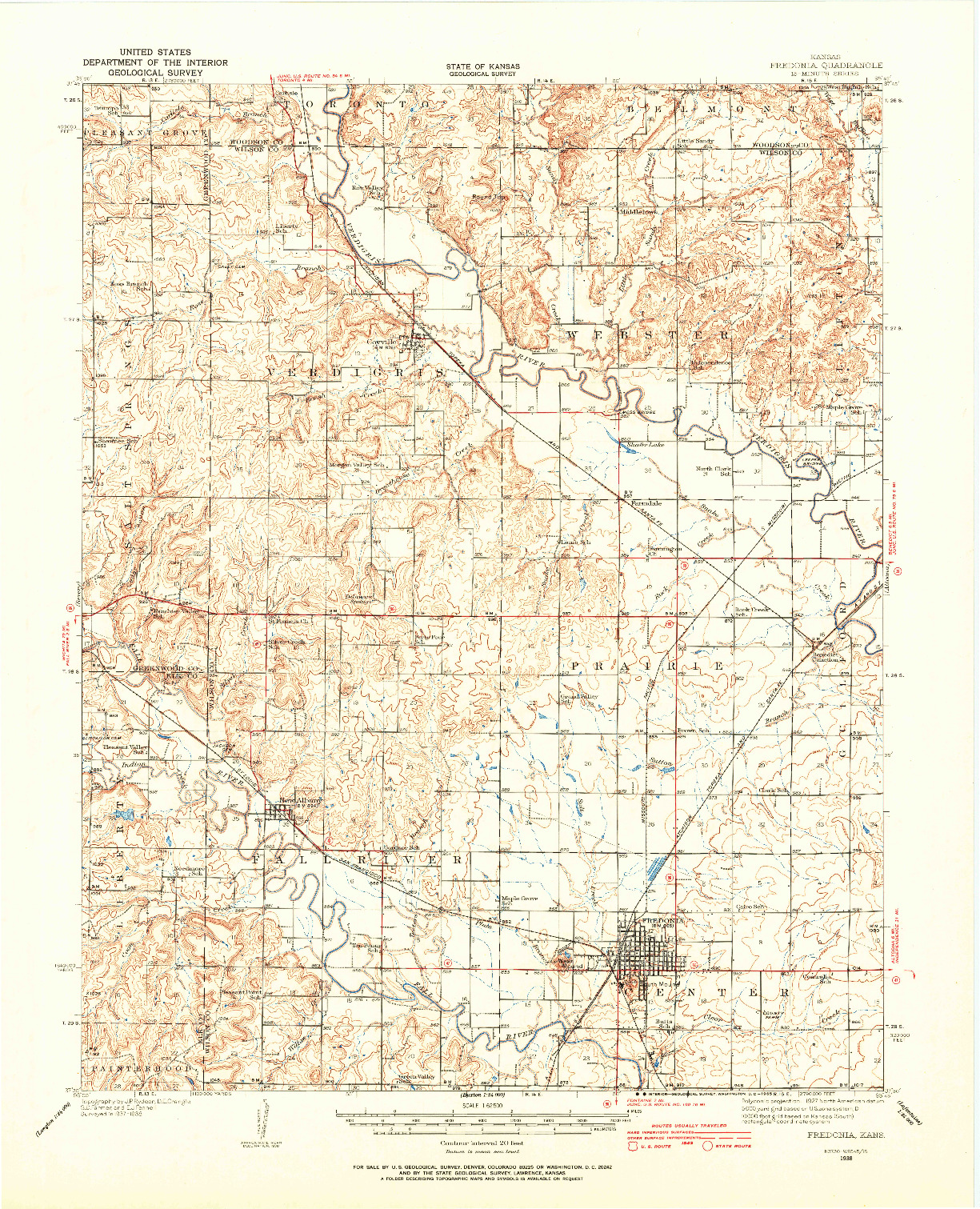 USGS 1:62500-SCALE QUADRANGLE FOR FREDONIA, KS 1938