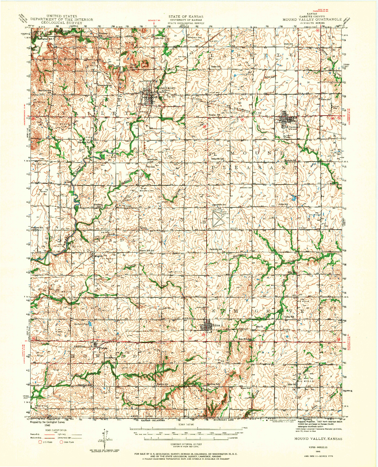 USGS 1:62500-SCALE QUADRANGLE FOR MOUND VALLEY, KS 1946