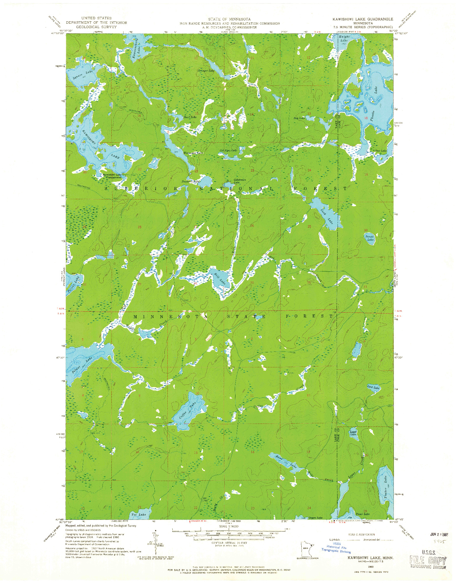 USGS 1:24000-SCALE QUADRANGLE FOR KAWISHIWI LAKE, MN 1960