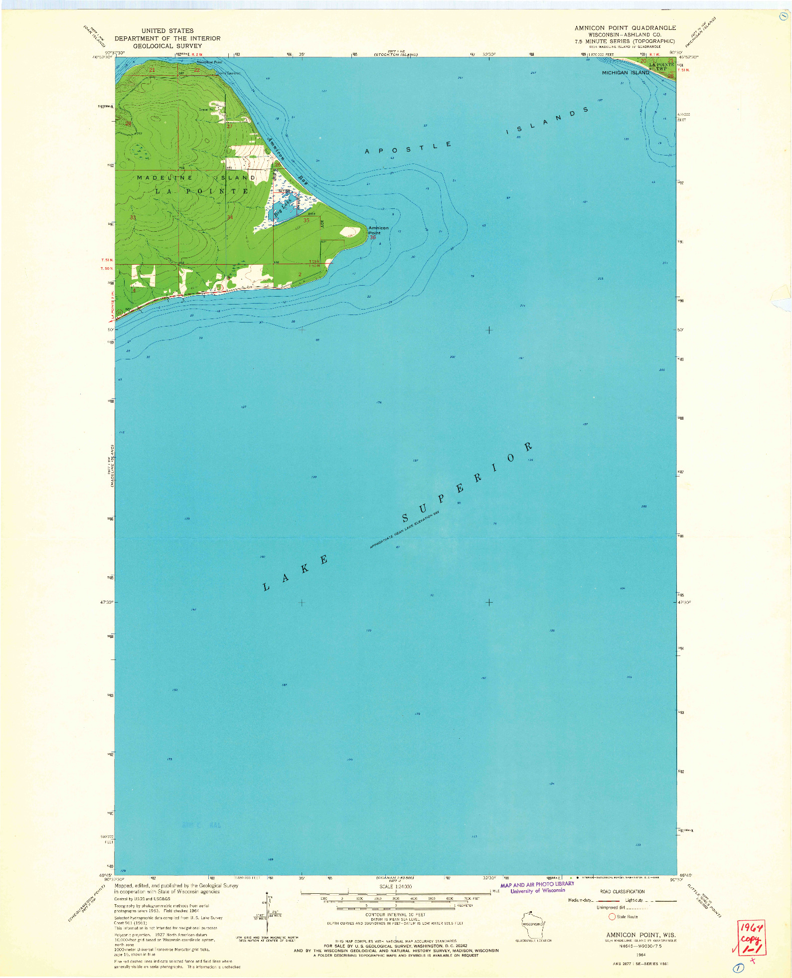 USGS 1:24000-SCALE QUADRANGLE FOR AMNICON POINT, WI 1964