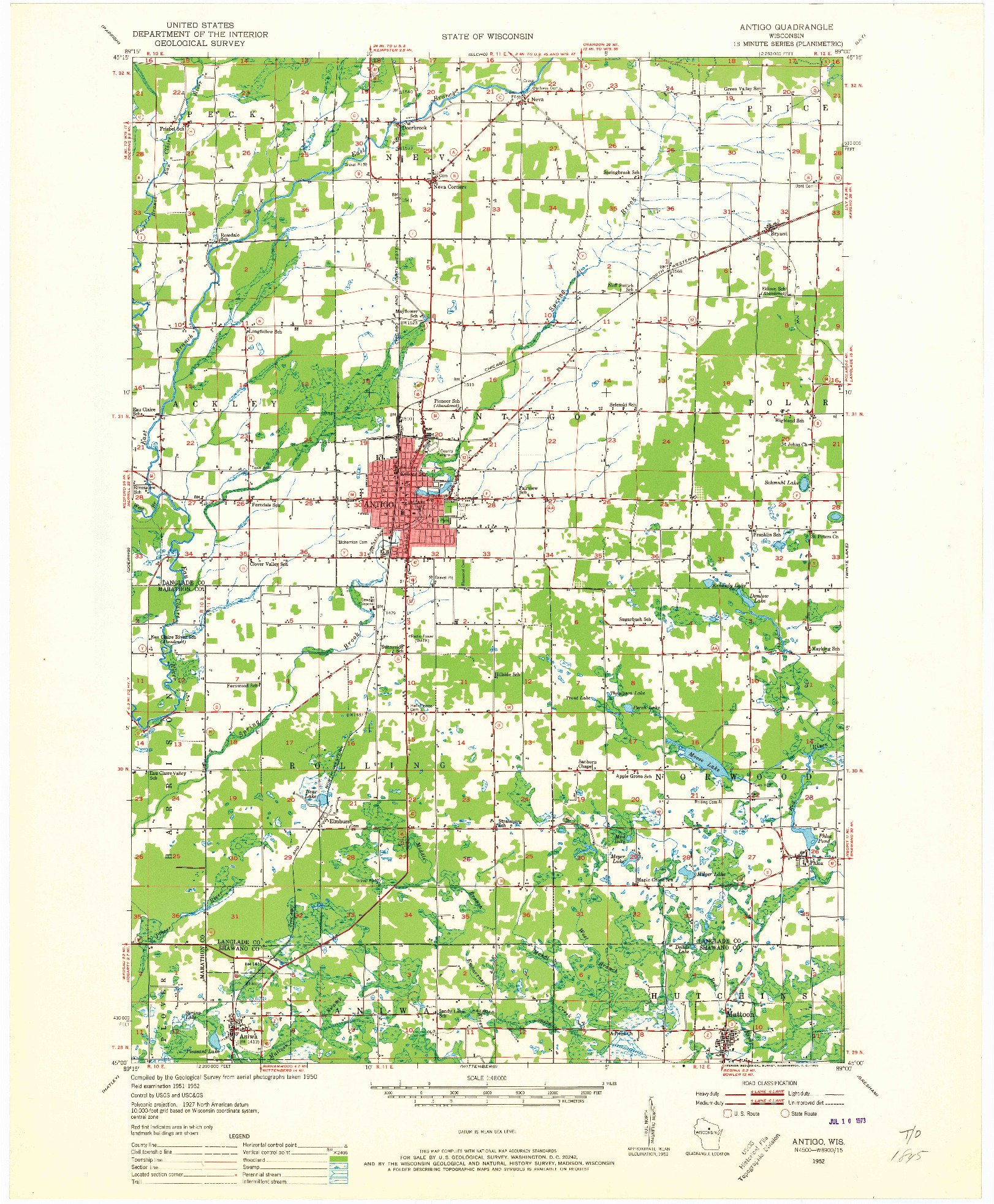 USGS 1:48000-SCALE QUADRANGLE FOR ANTIGO, WI 1952