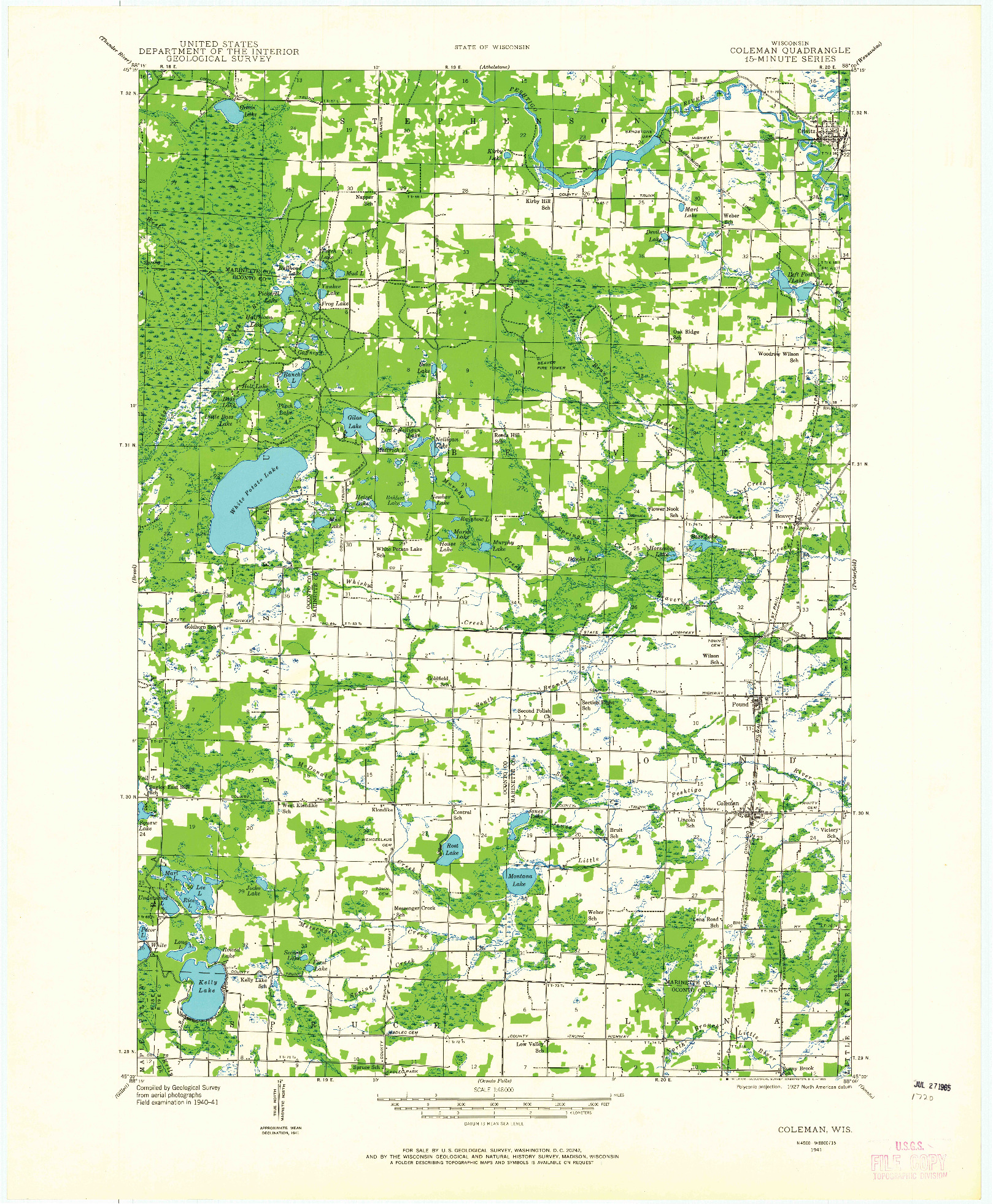 USGS 1:48000-SCALE QUADRANGLE FOR COLEMAN, WI 1941