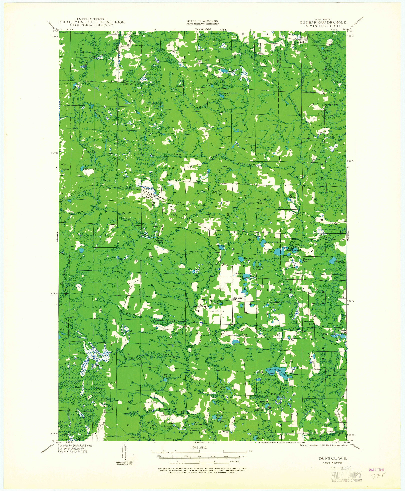 USGS 1:48000-SCALE QUADRANGLE FOR DUNBAR, WI 1939