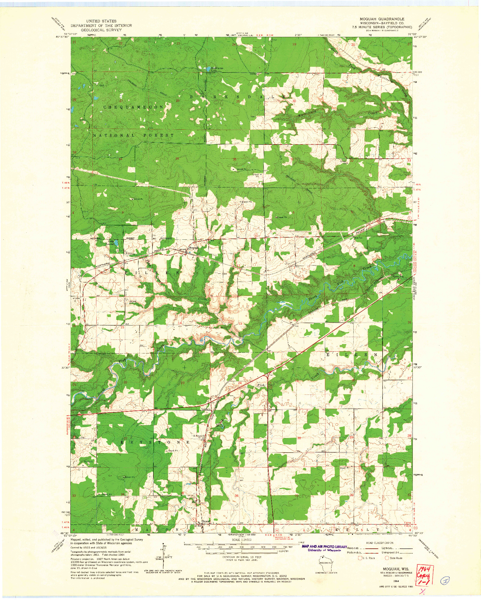 USGS 1:24000-SCALE QUADRANGLE FOR MOQUAH, WI 1964