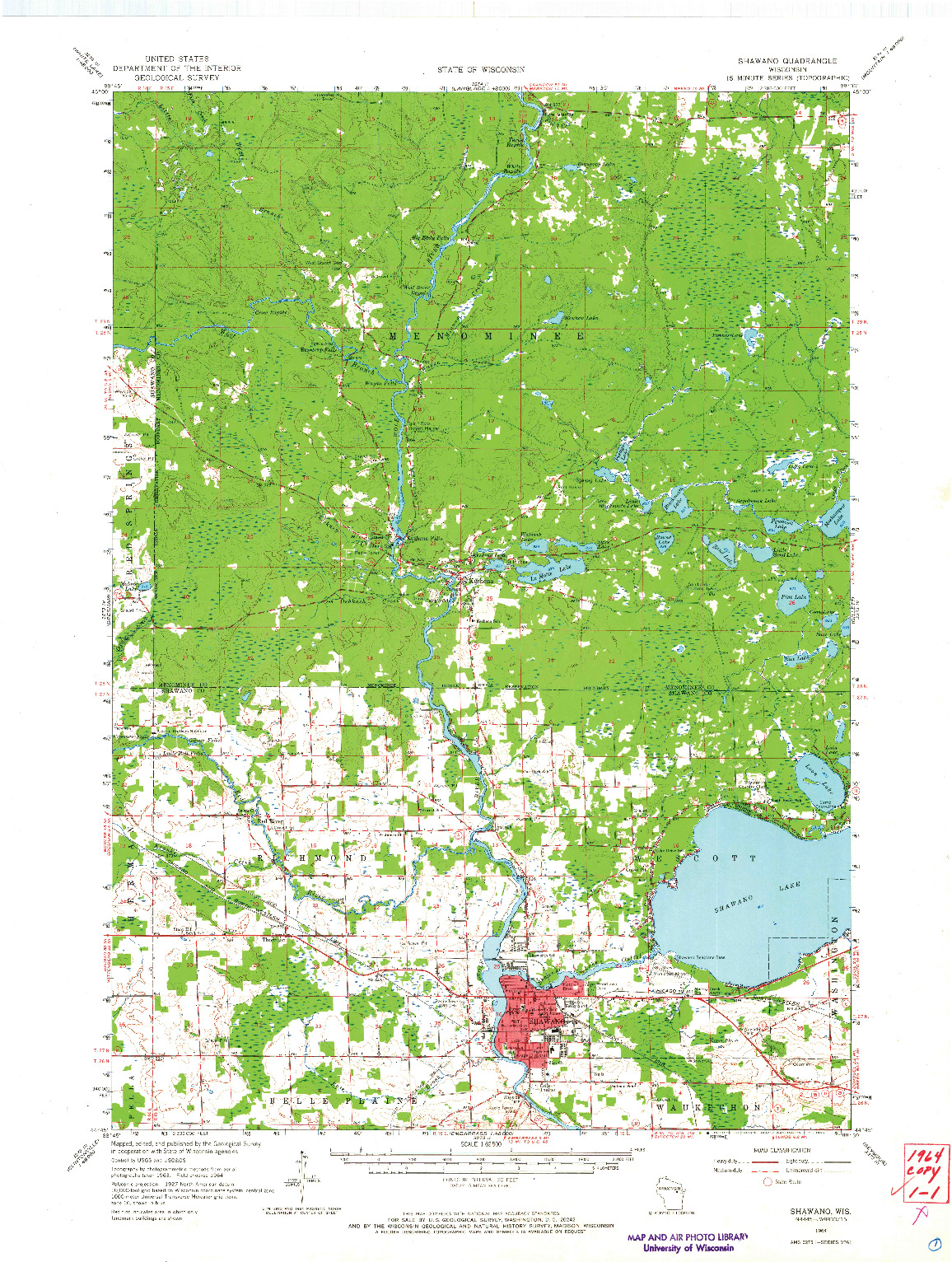 USGS 1:62500-SCALE QUADRANGLE FOR SHAWANO, WI 1964