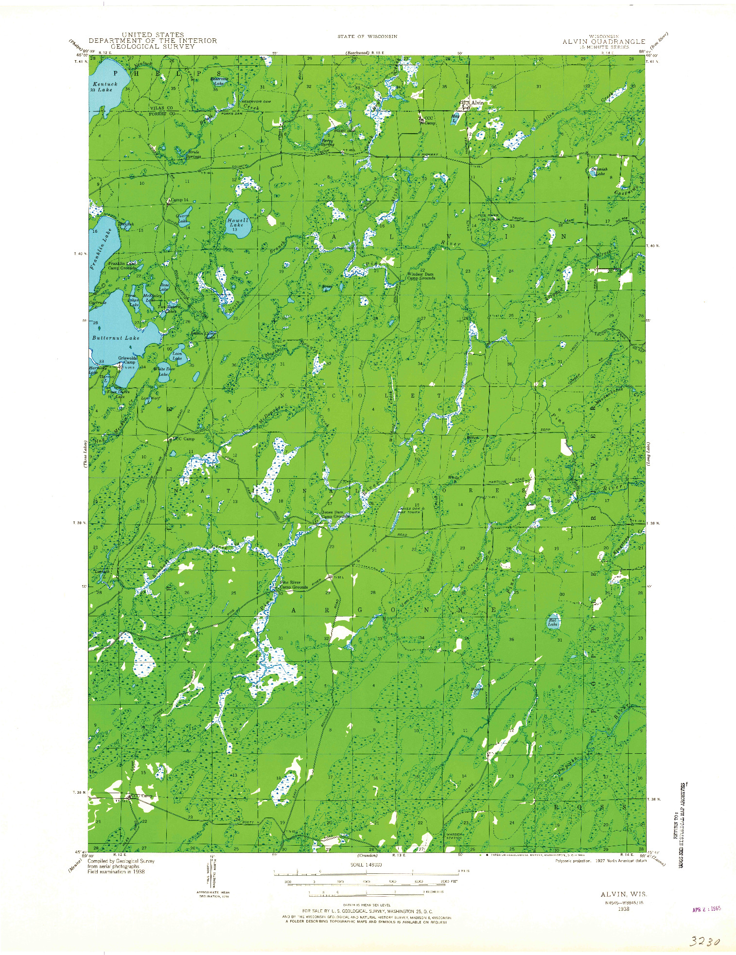 USGS 1:48000-SCALE QUADRANGLE FOR ALVIN, WI 1938