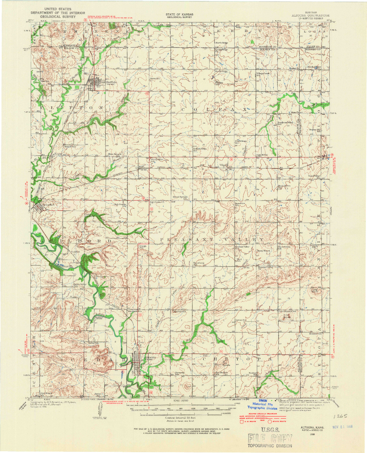 USGS 1:62500-SCALE QUADRANGLE FOR ALTOONA, KS 1938