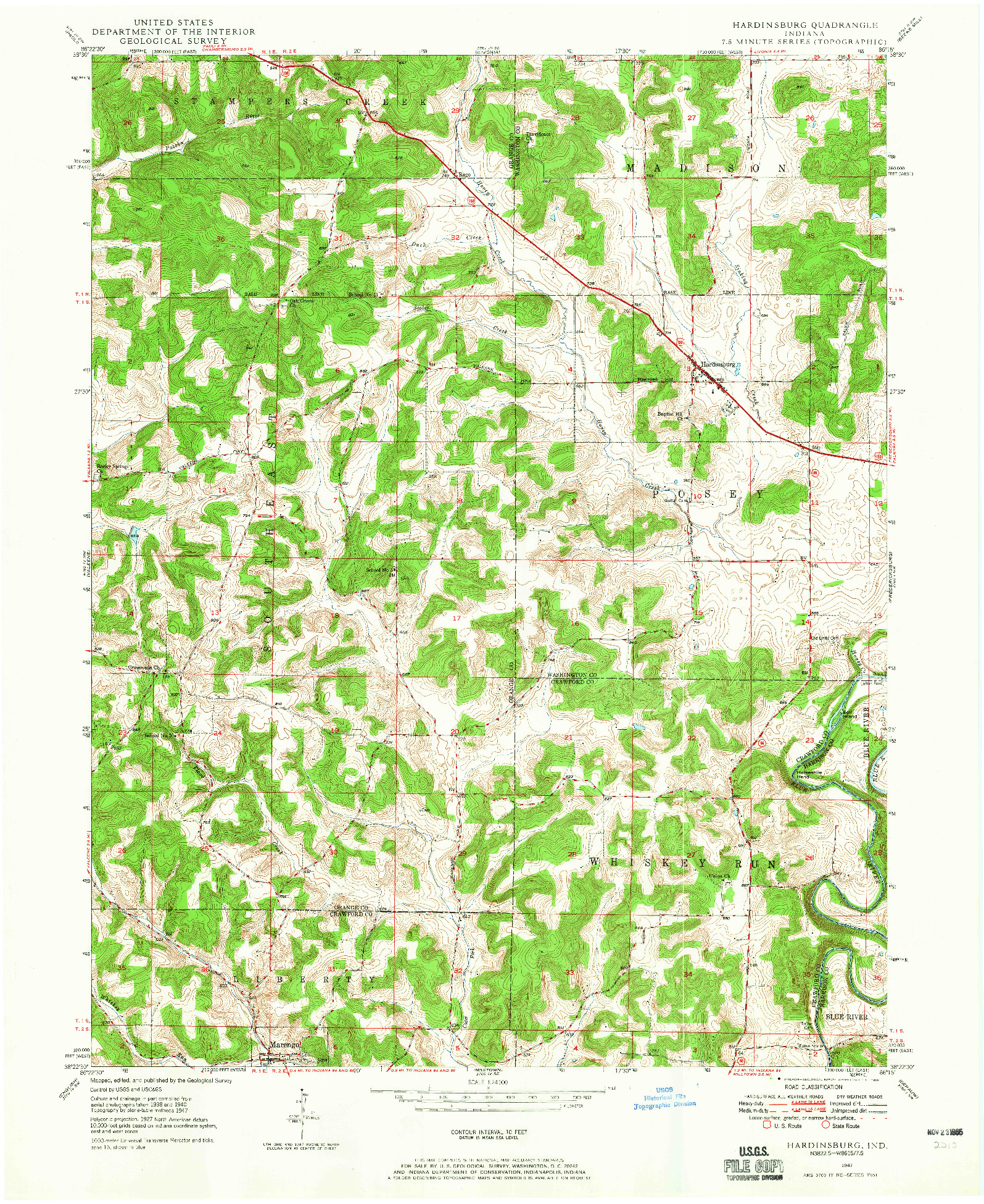 USGS 1:24000-SCALE QUADRANGLE FOR HARDINSBURG, IN 1947