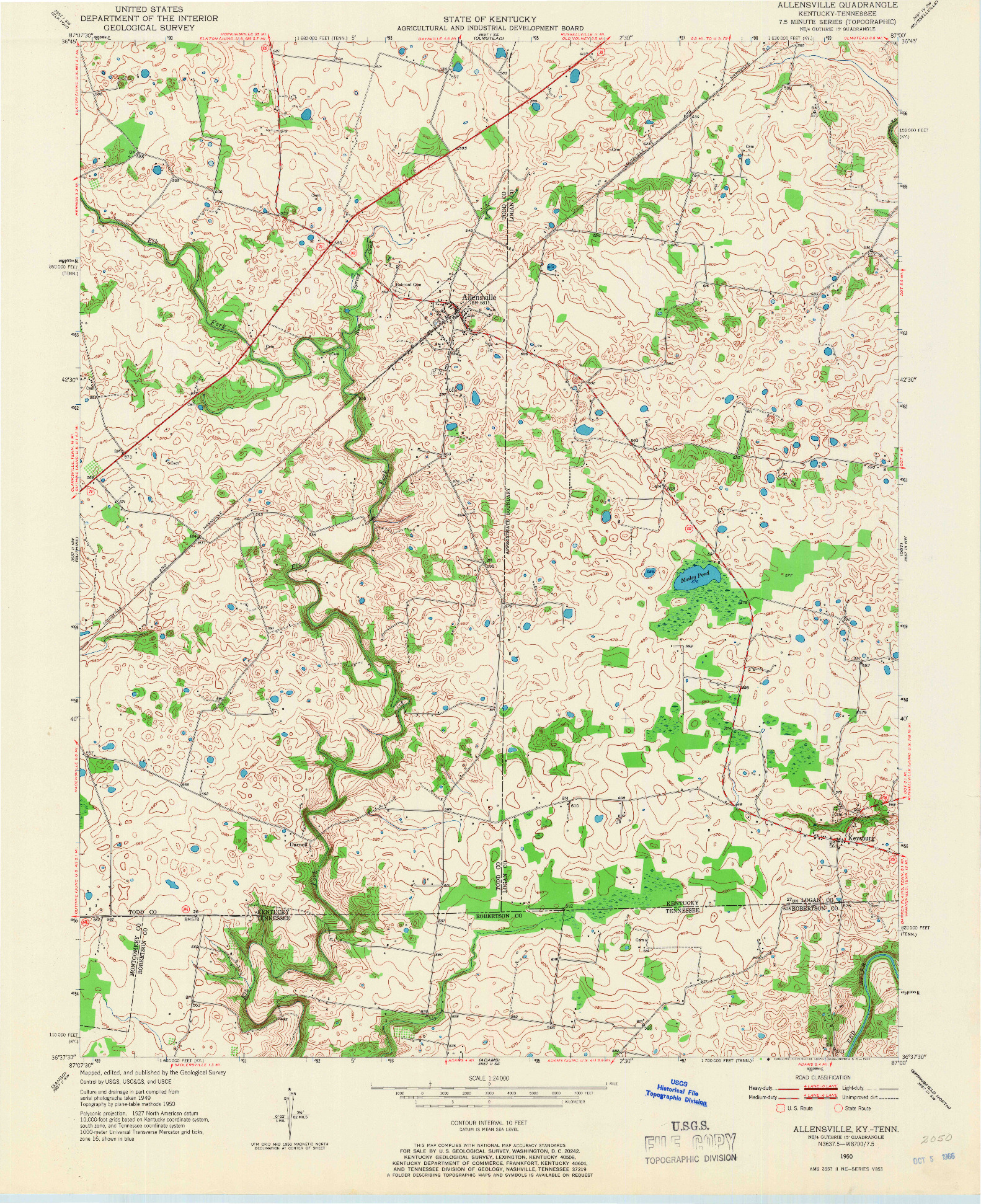 USGS 1:24000-SCALE QUADRANGLE FOR ALLENSVILLE, KY 1950