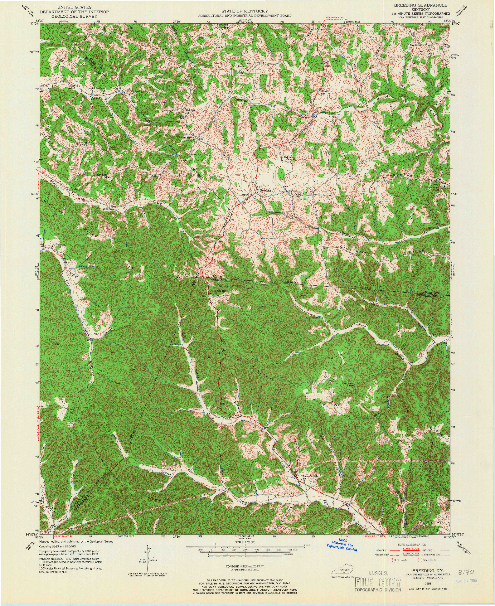 USGS 1:24000-SCALE QUADRANGLE FOR BREEDING, KY 1953