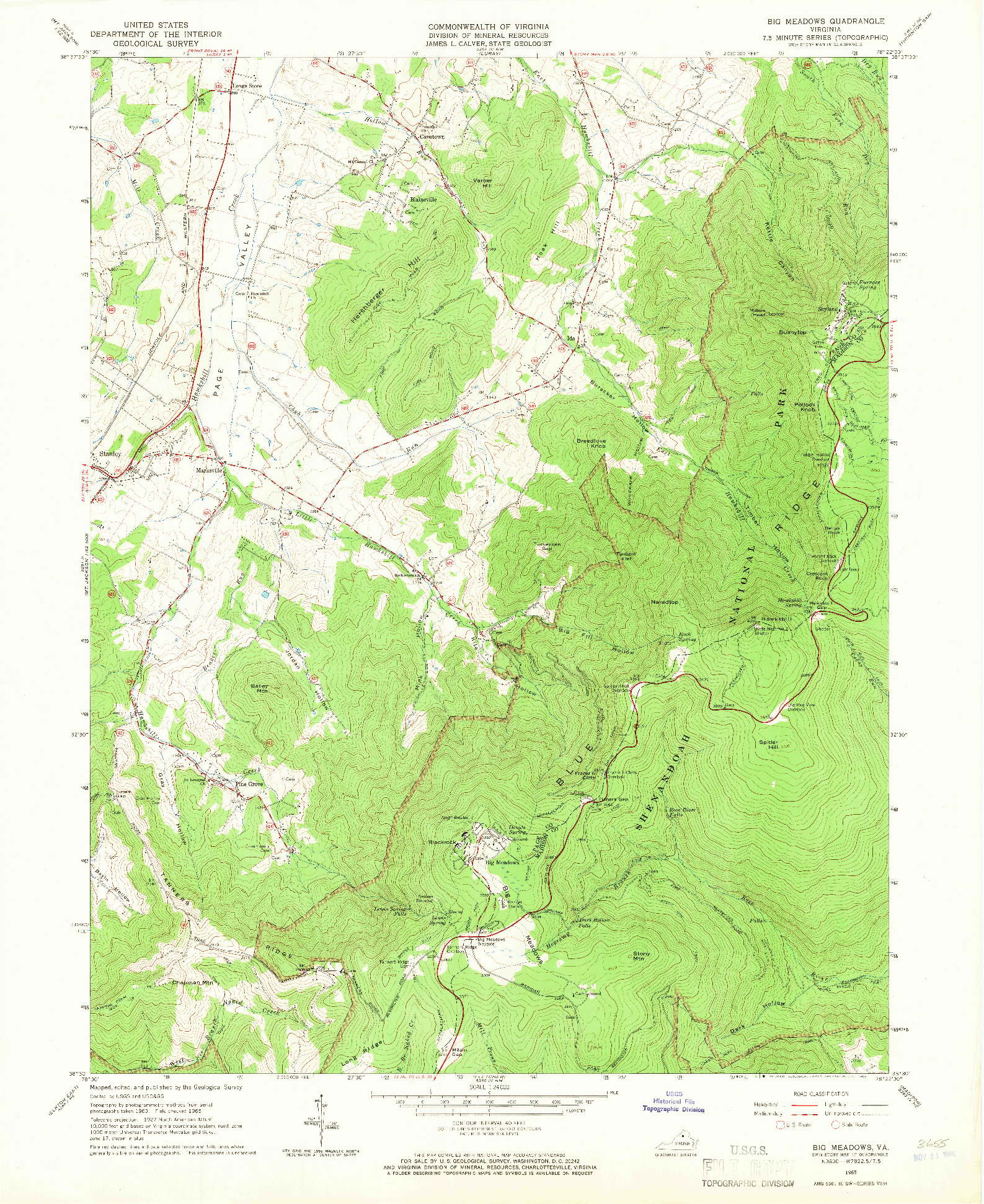 USGS 1:24000-SCALE QUADRANGLE FOR BIG MEADOWS, VA 1965