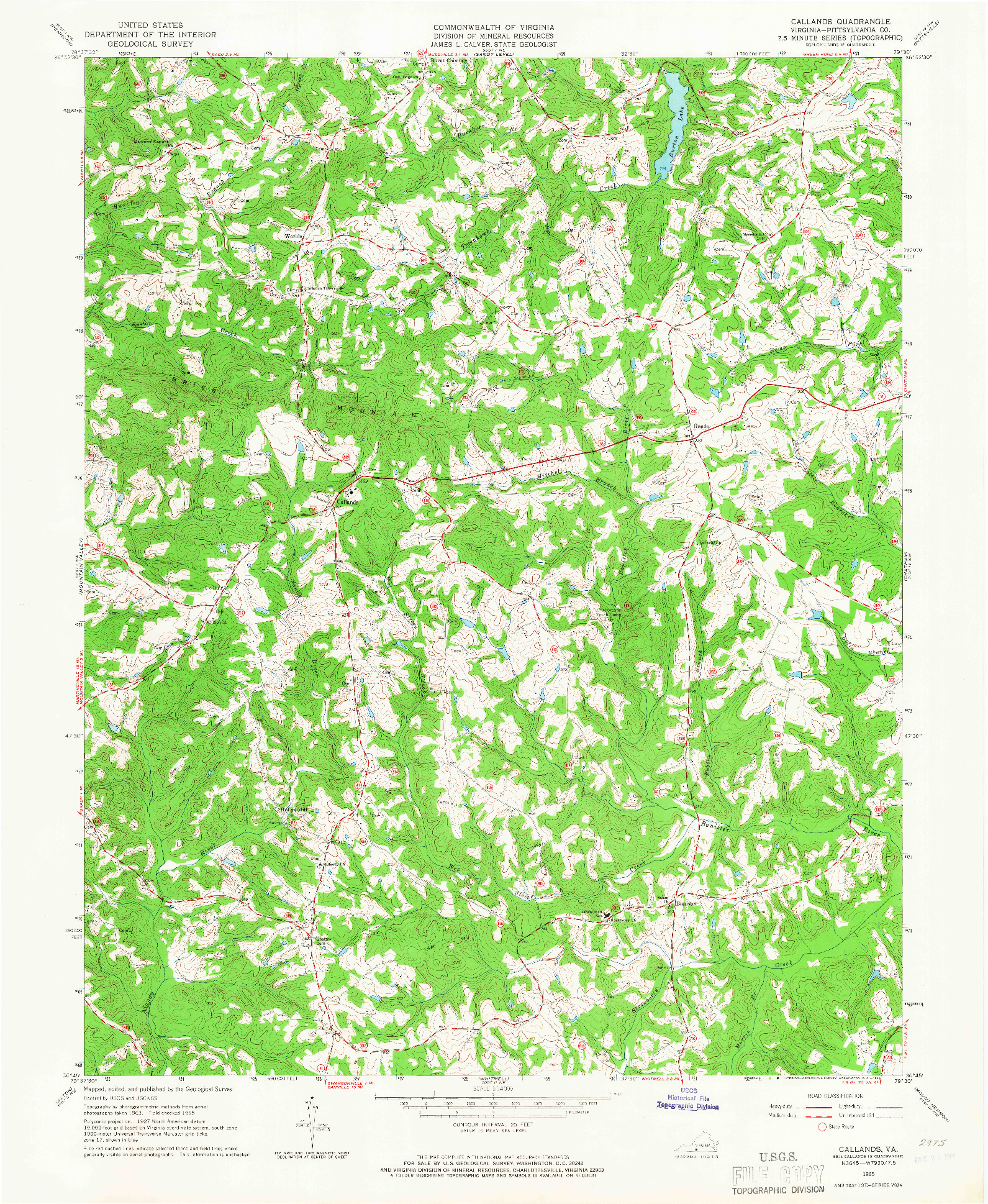 USGS 1:24000-SCALE QUADRANGLE FOR CALLANDS, VA 1965