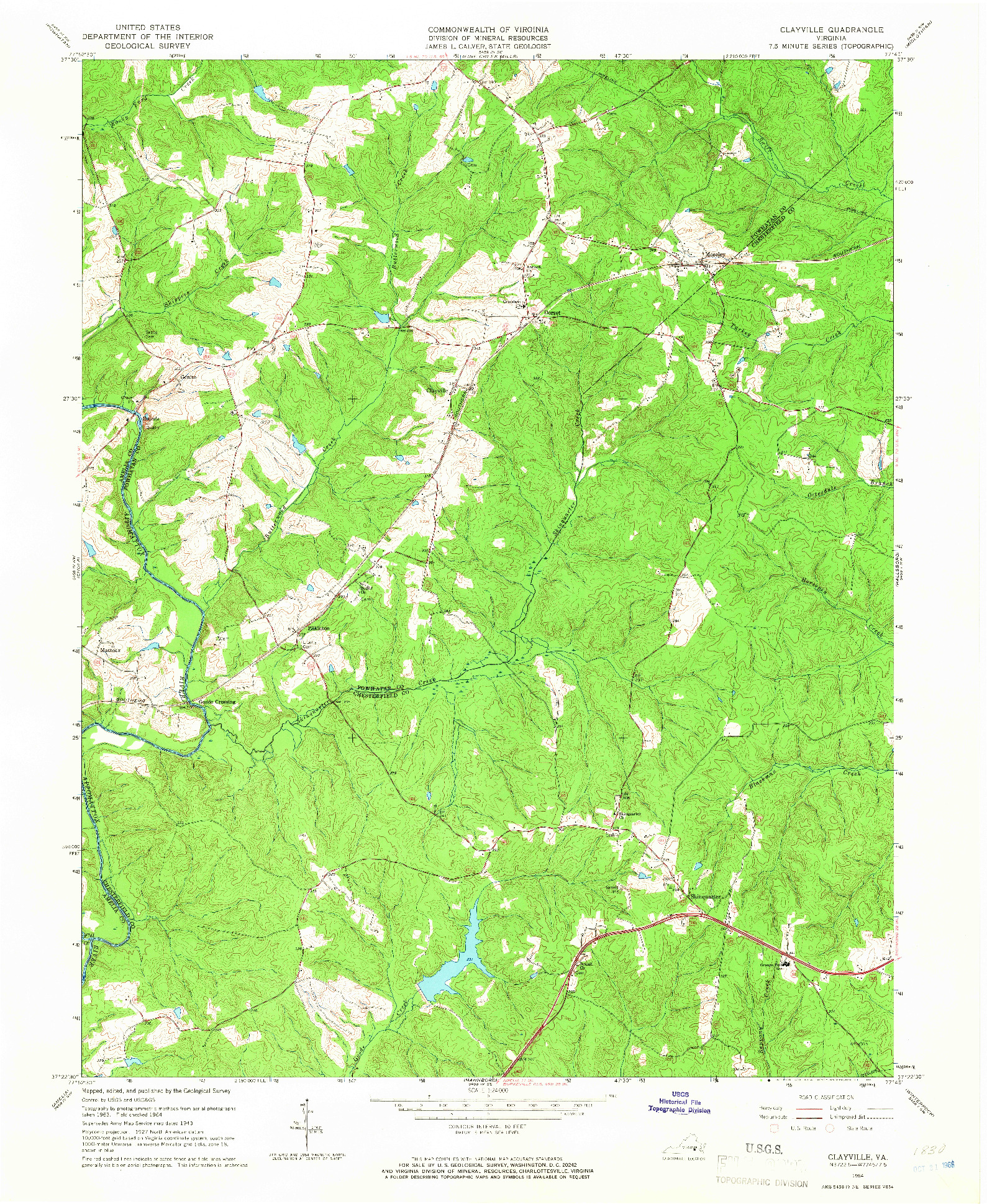 USGS 1:24000-SCALE QUADRANGLE FOR CLAYVILLE, VA 1964