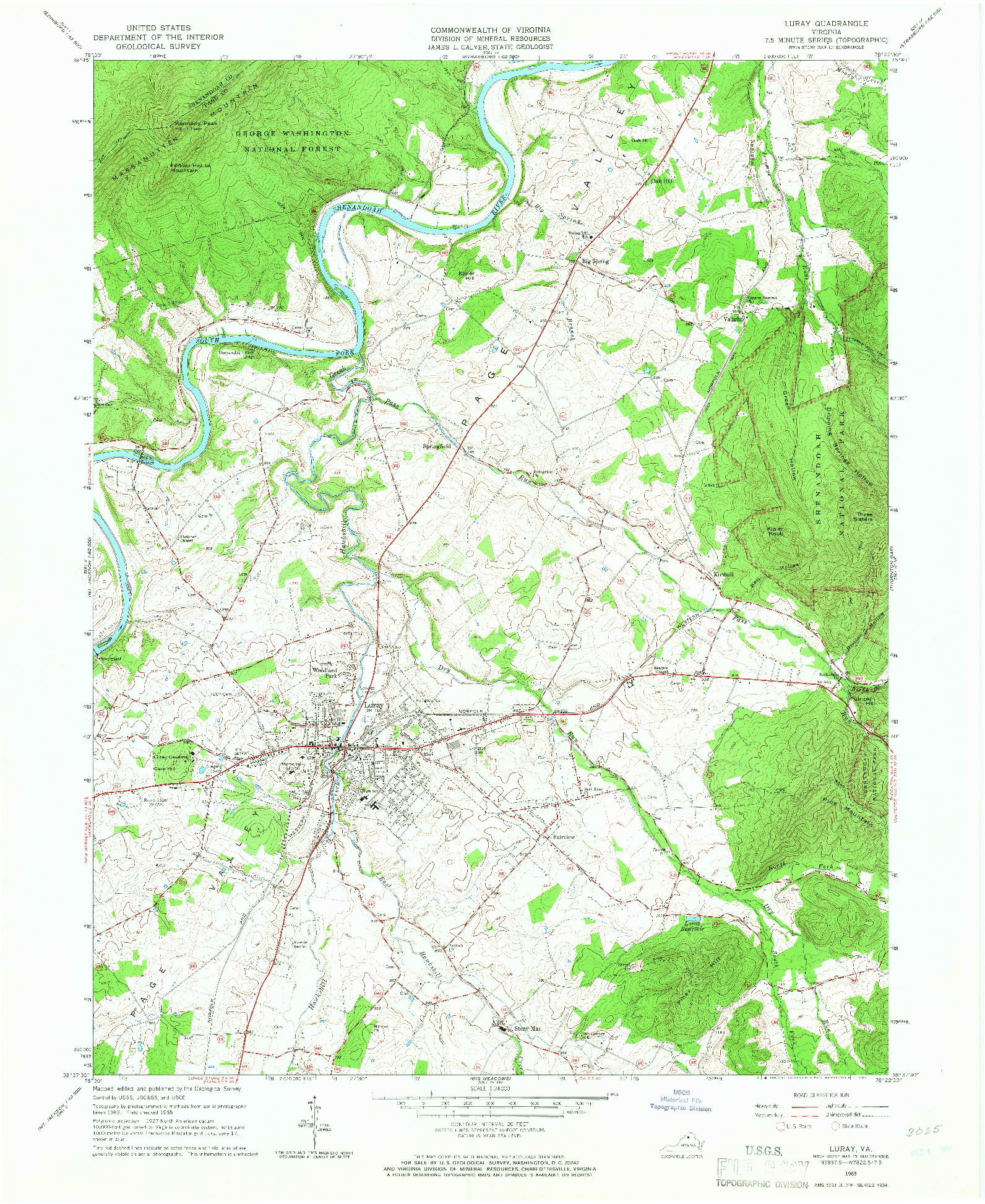 USGS 1:24000-SCALE QUADRANGLE FOR LURAY, VA 1965