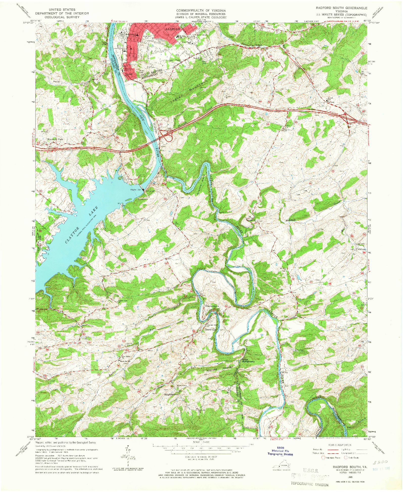 USGS 1:24000-SCALE QUADRANGLE FOR RADFORD SOUTH, VA 1965