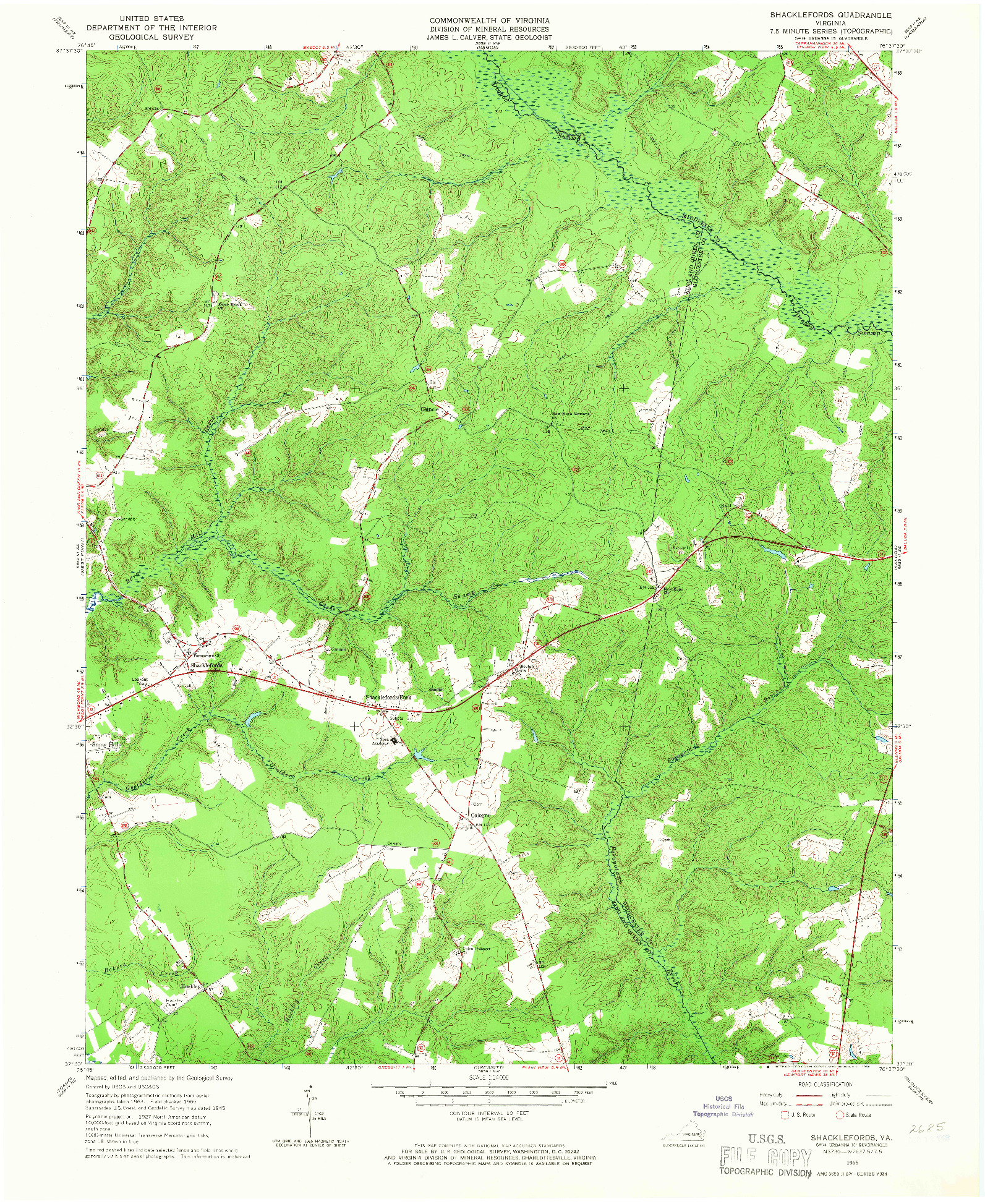 USGS 1:24000-SCALE QUADRANGLE FOR SHACKLEFORDS, VA 1965