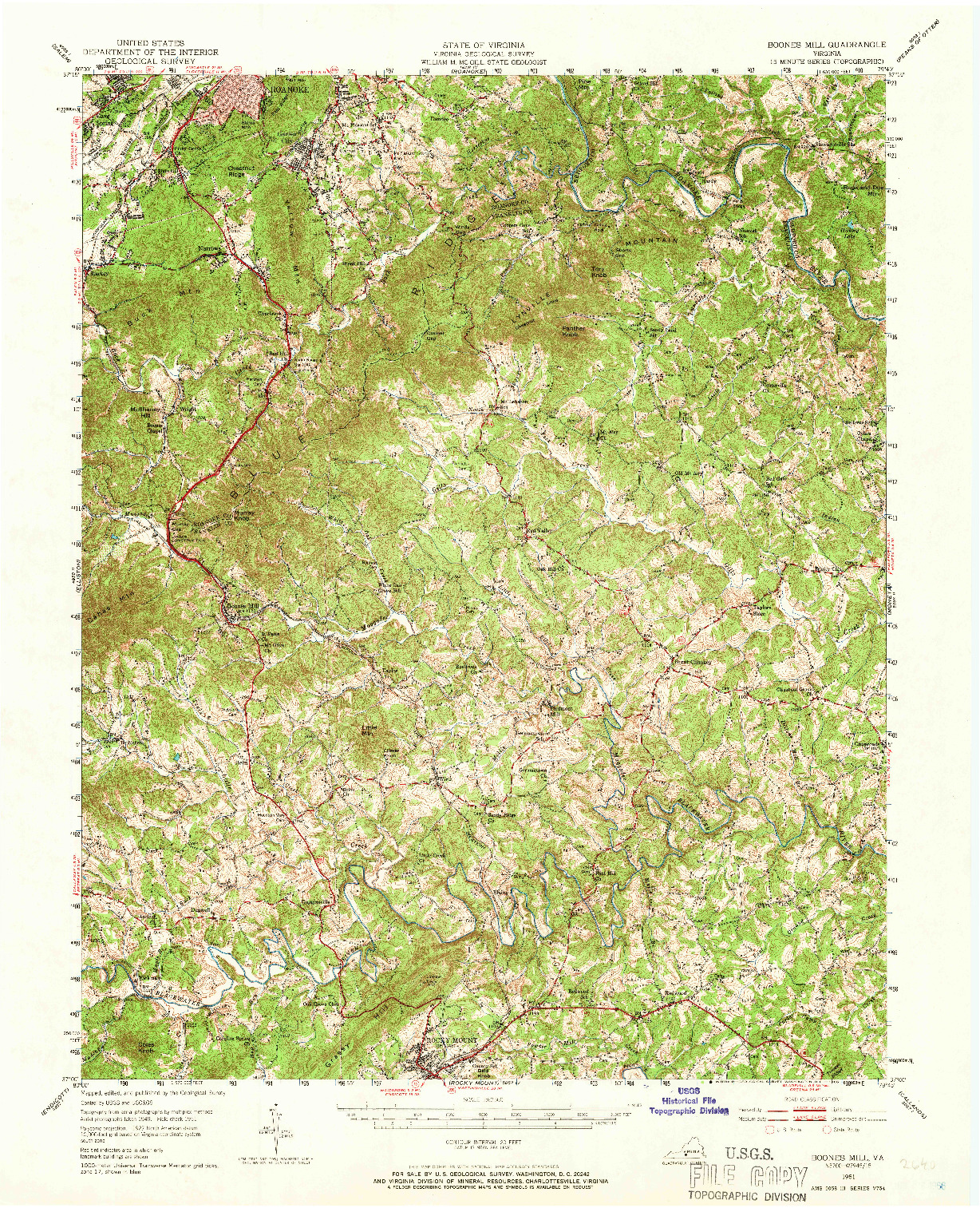 USGS 1:62500-SCALE QUADRANGLE FOR BOONES MILL, VA 1951