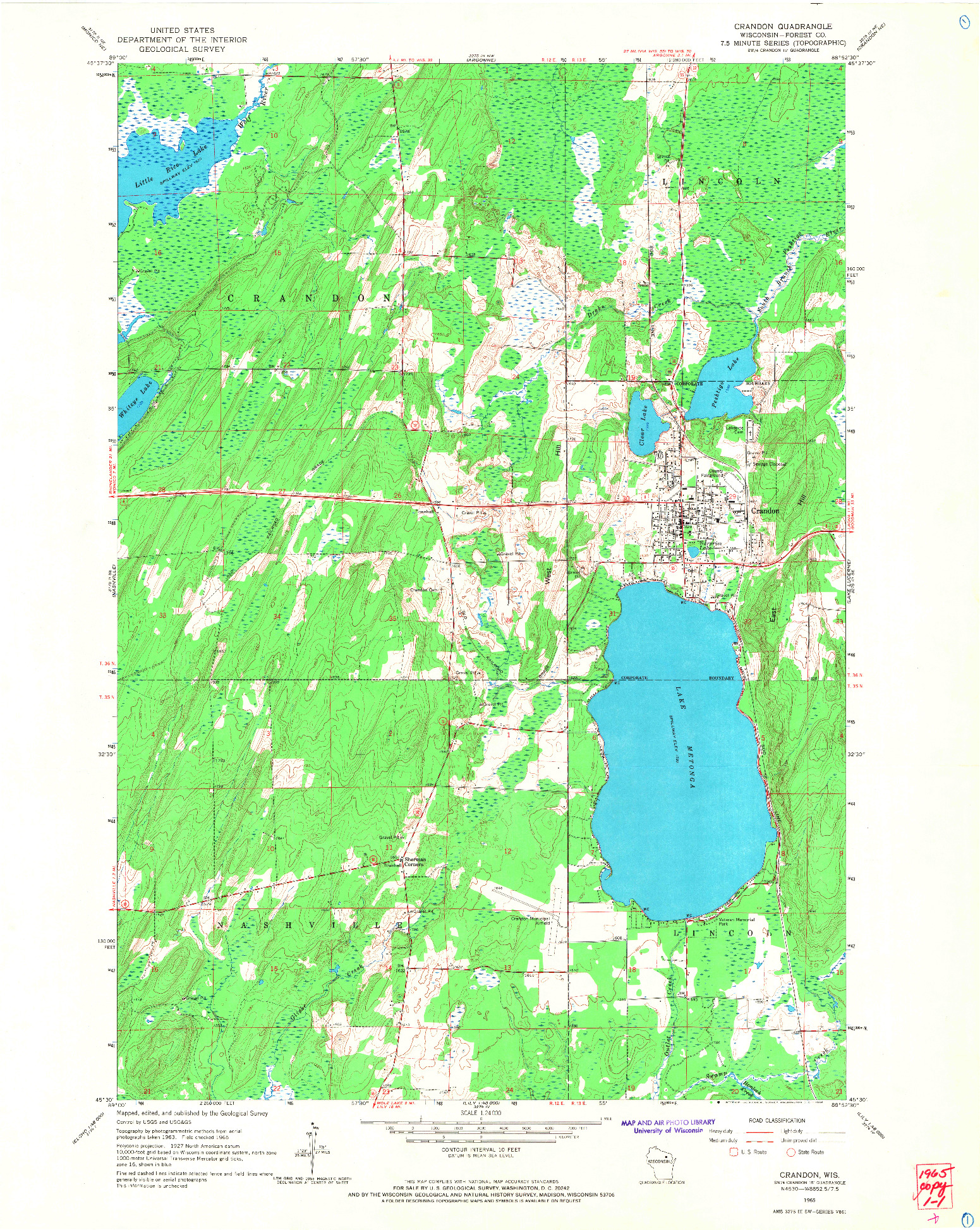 USGS 1:24000-SCALE QUADRANGLE FOR CRANDON, WI 1965