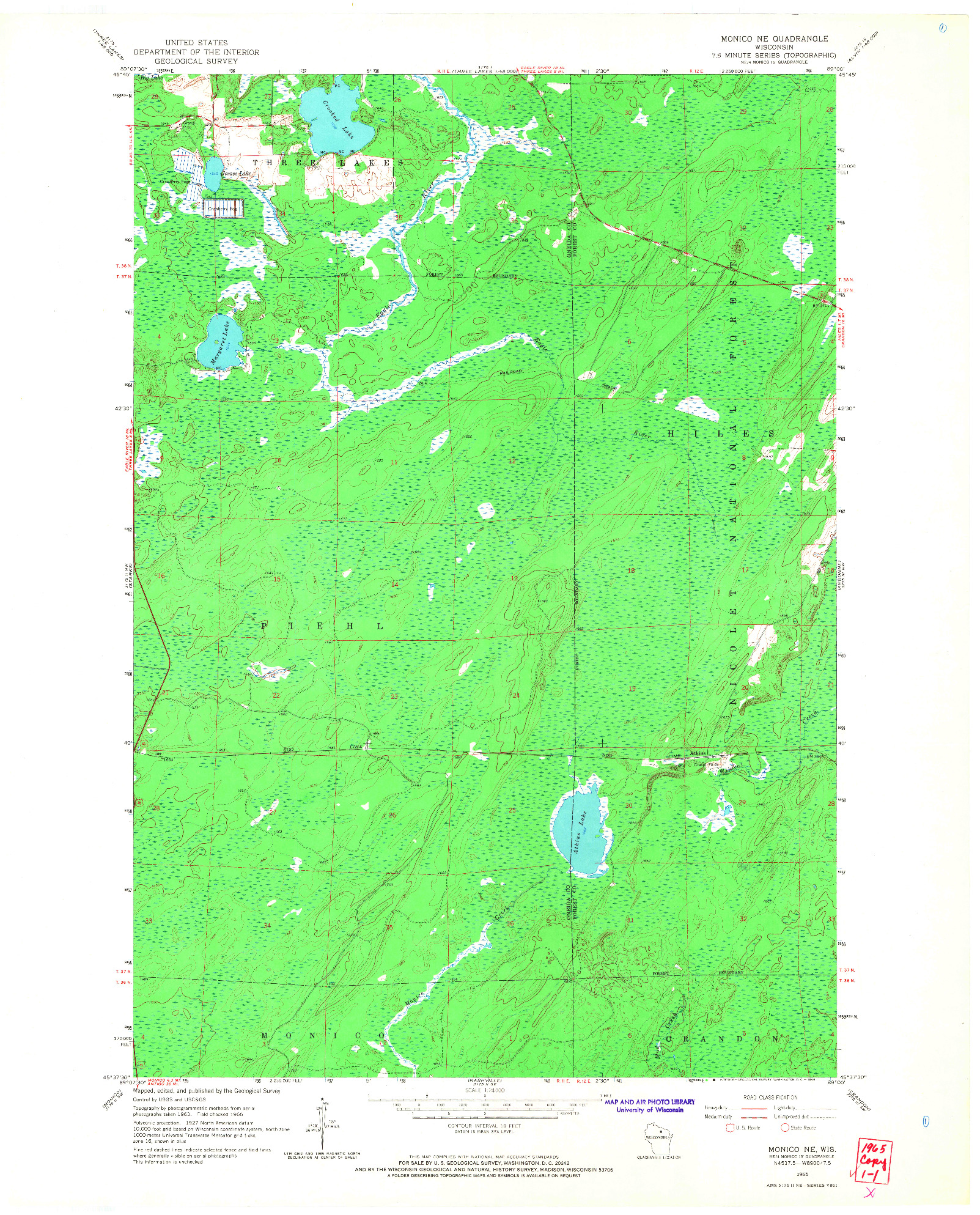 USGS 1:24000-SCALE QUADRANGLE FOR MONICO NE, WI 1965