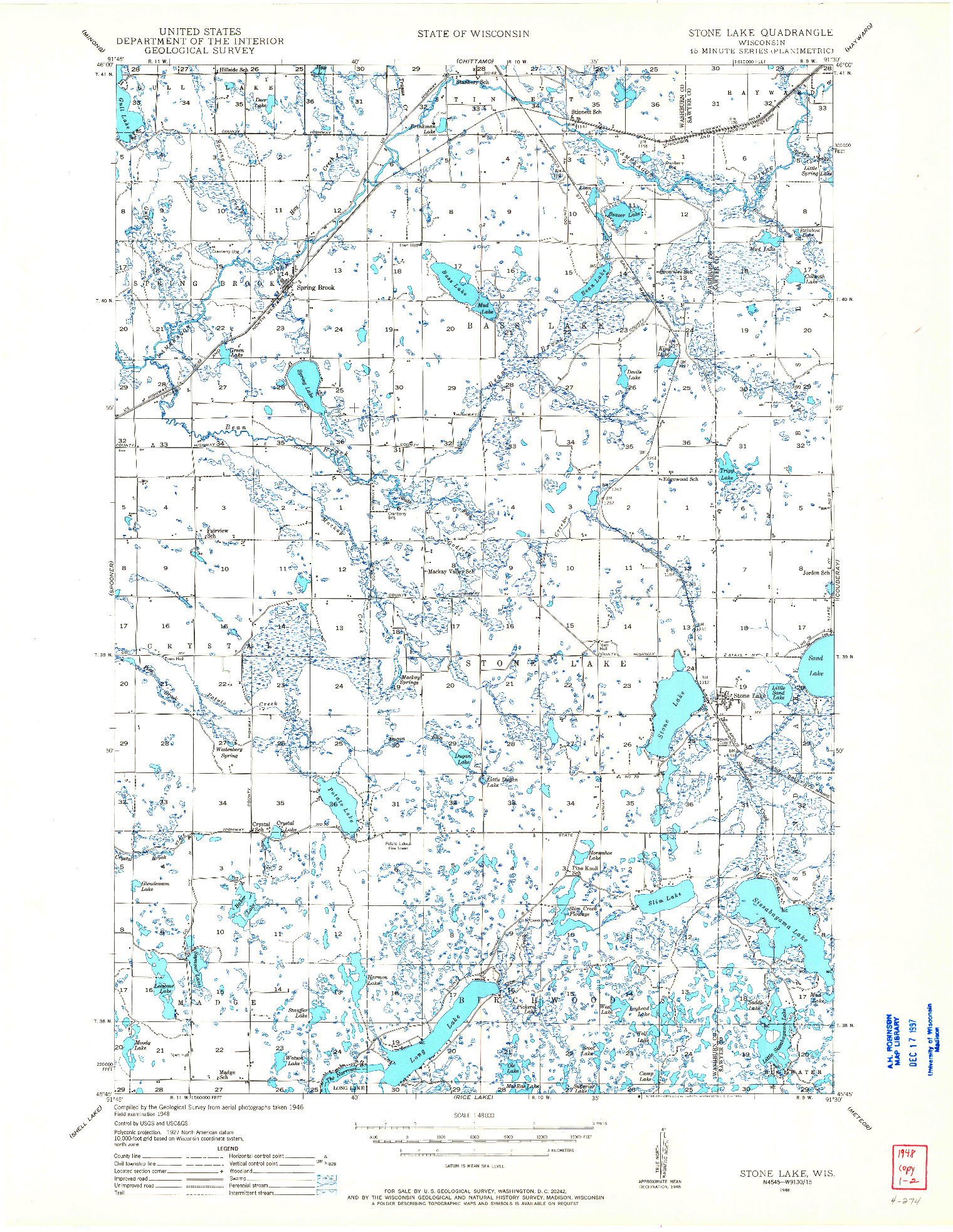 USGS 1:48000-SCALE QUADRANGLE FOR STONE LAKE, WI 1948