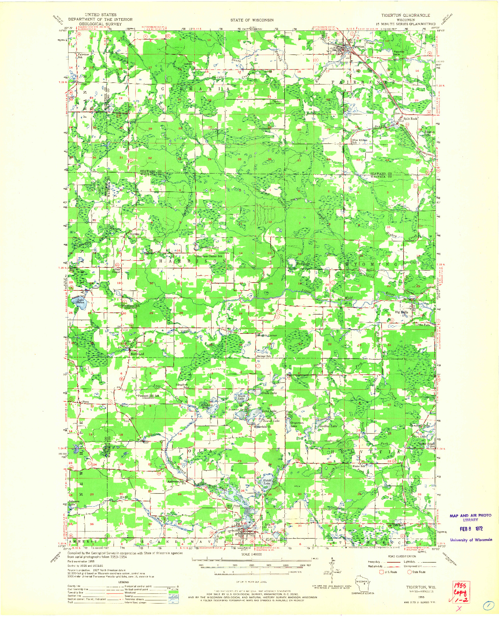 USGS 1:48000-SCALE QUADRANGLE FOR TIGERTON, WI 1955
