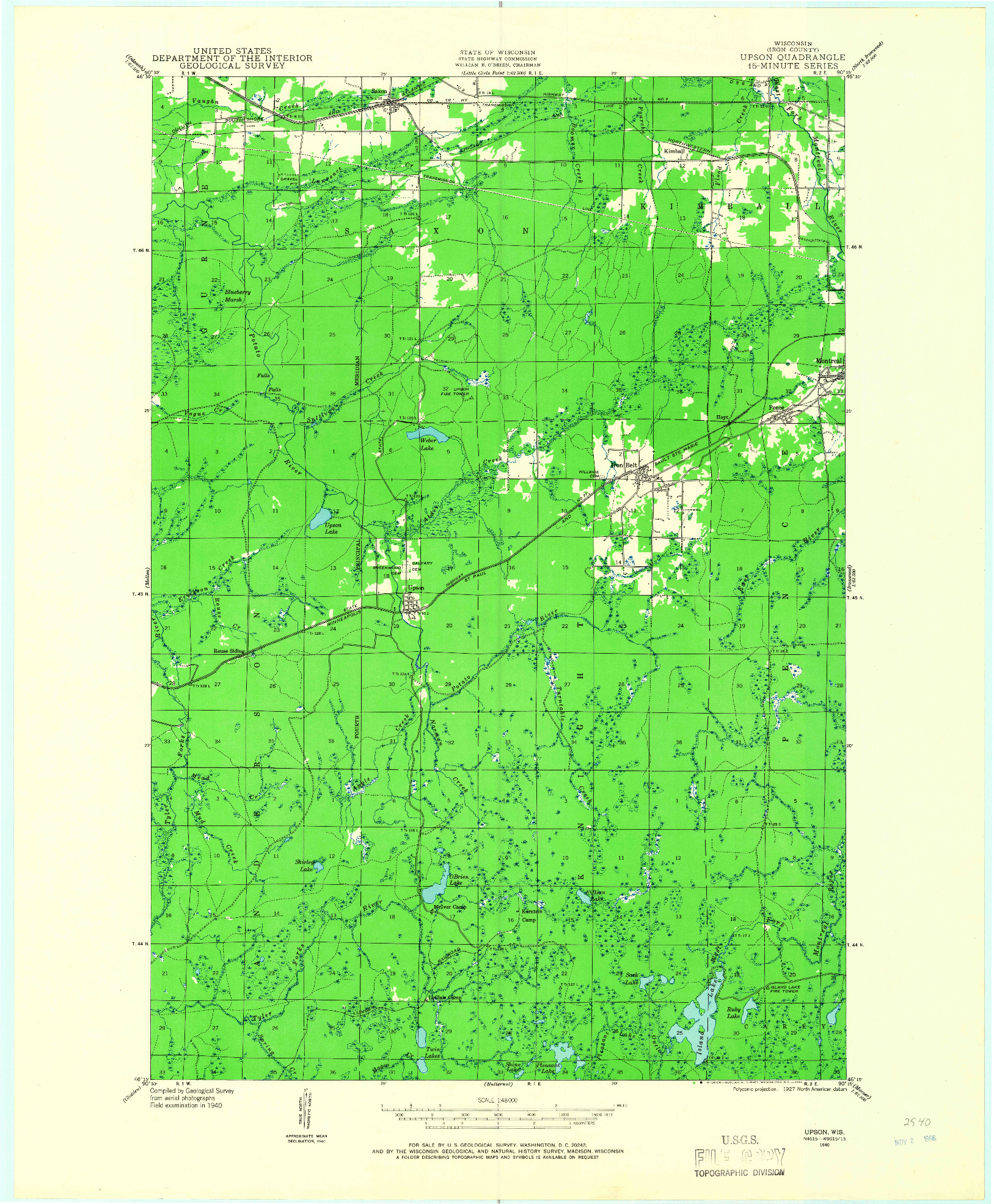 USGS 1:48000-SCALE QUADRANGLE FOR UPSON, WI 1940