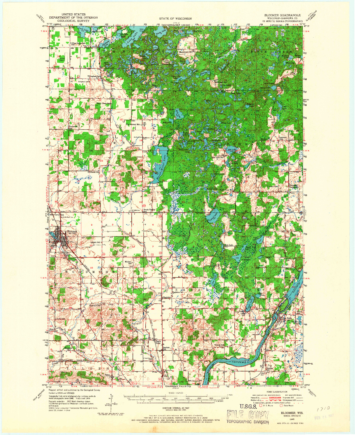 USGS 1:62500-SCALE QUADRANGLE FOR BLOOMER, WI 1949
