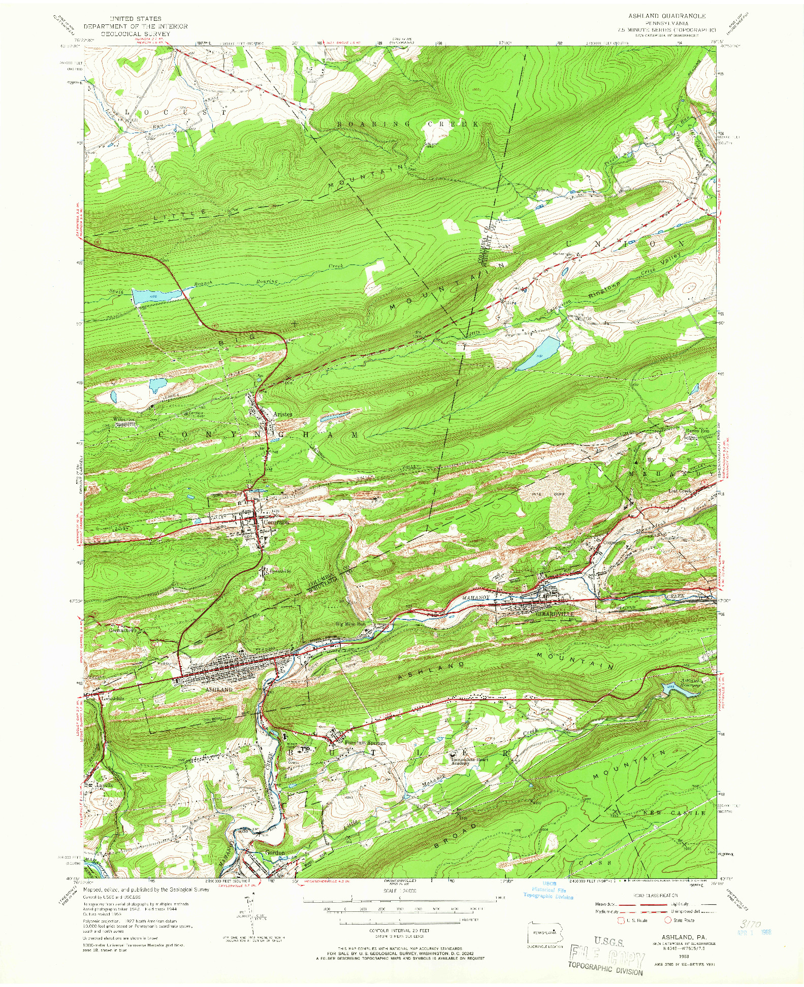 USGS 1:24000-SCALE QUADRANGLE FOR ASHLAND, PA 1953