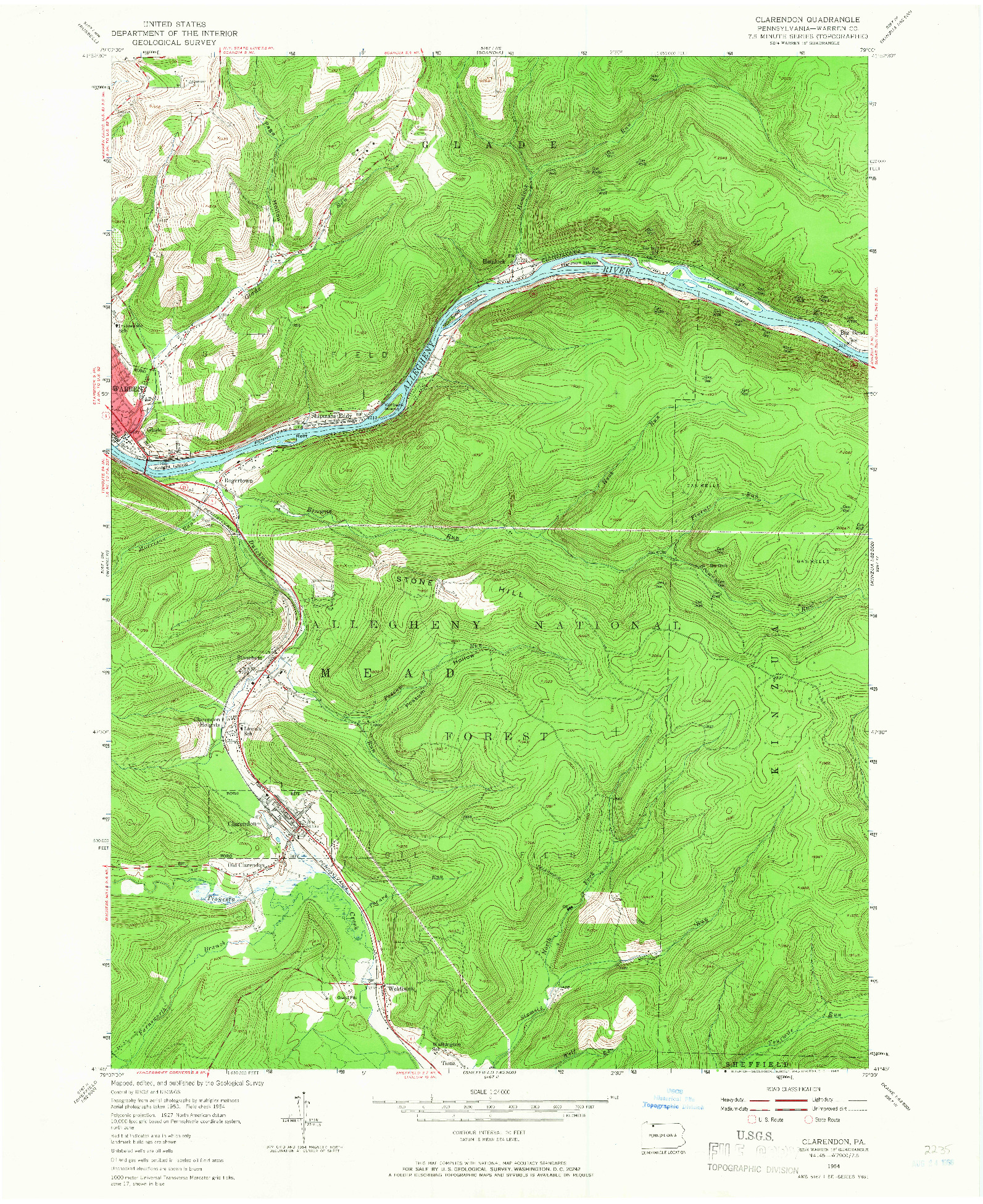 USGS 1:24000-SCALE QUADRANGLE FOR CLARENDON, PA 1954