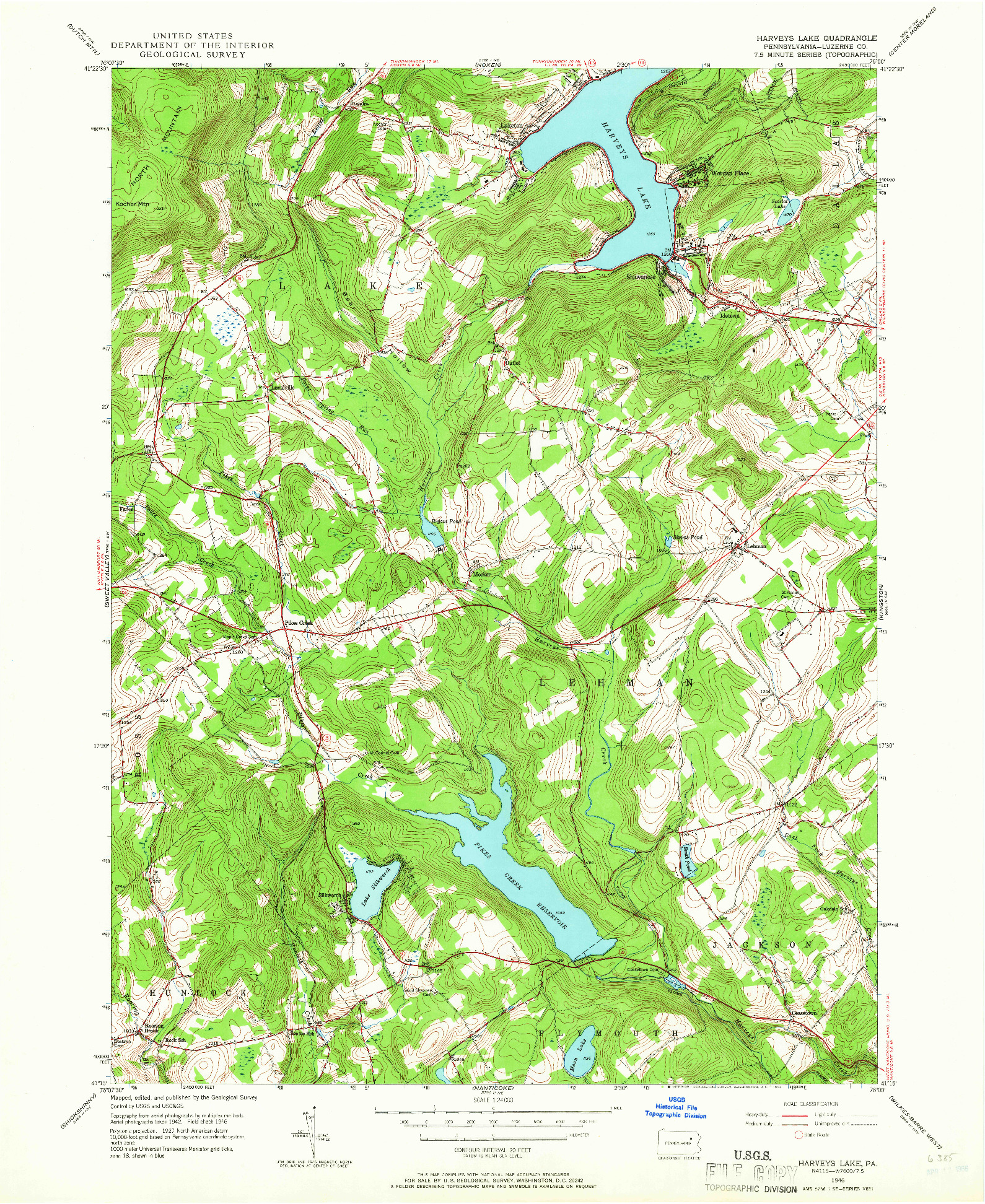 USGS 1:24000-SCALE QUADRANGLE FOR HARVEYS LAKE, PA 1946