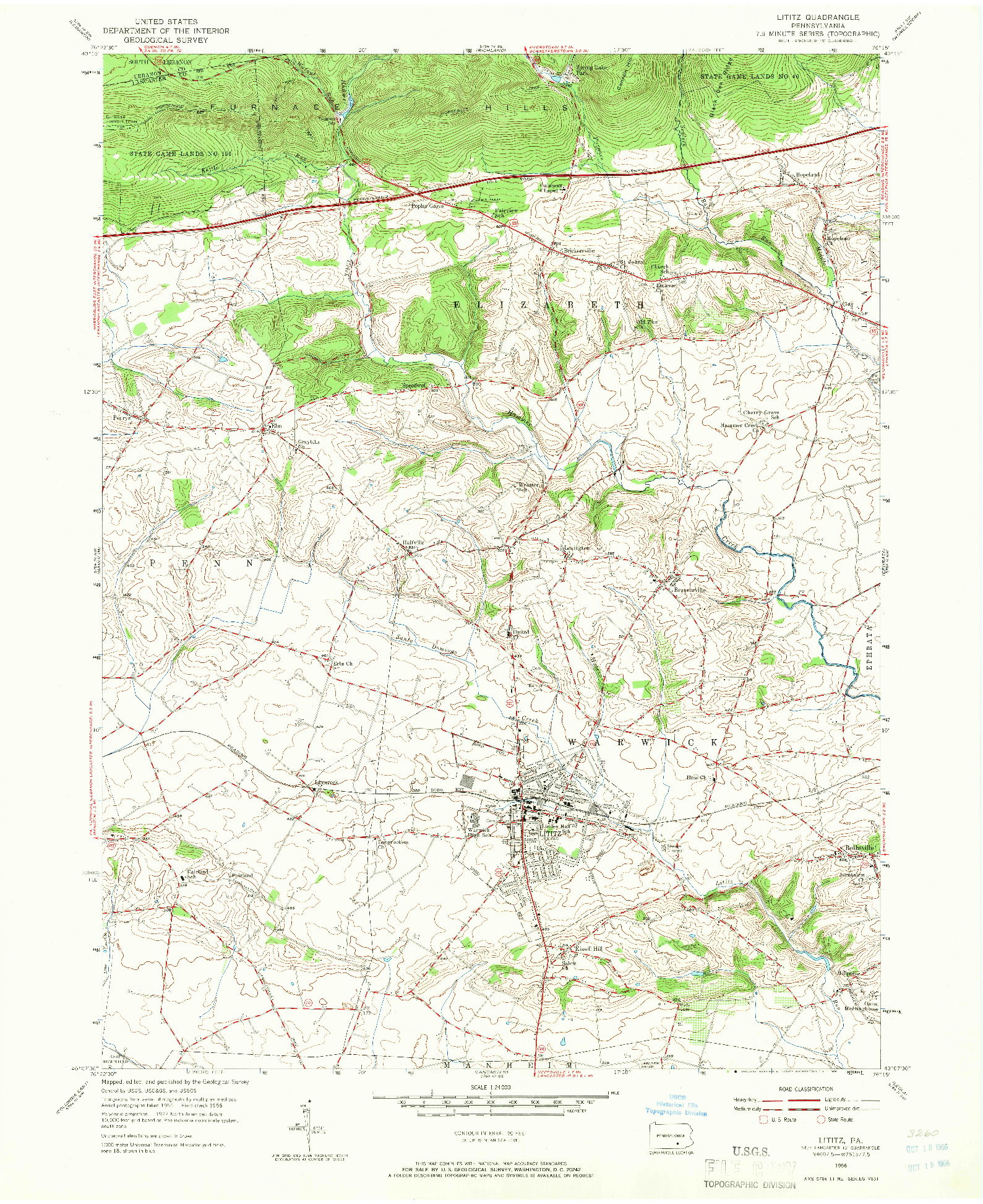 USGS 1:24000-SCALE QUADRANGLE FOR LITITZ, PA 1956