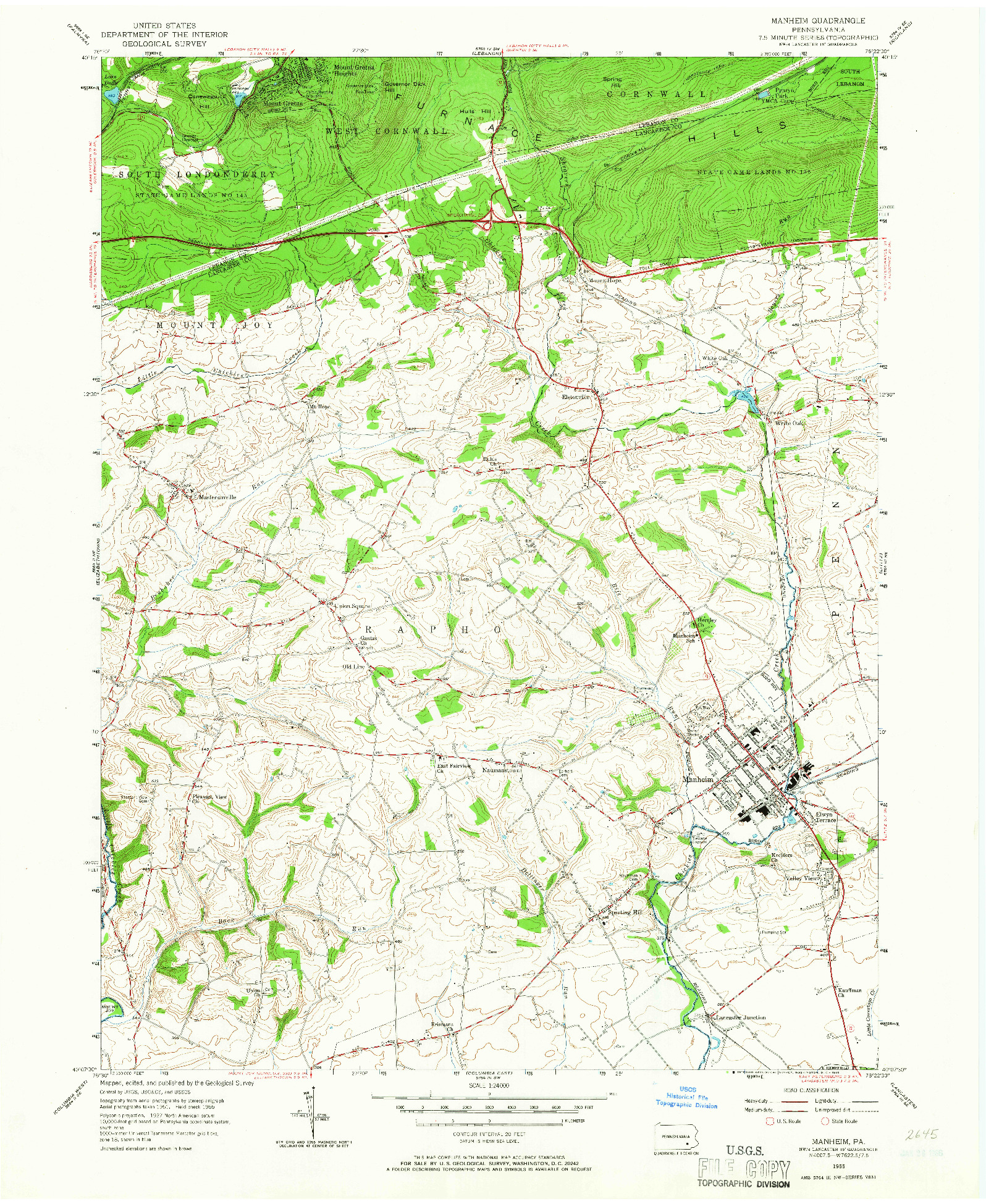 USGS 1:24000-SCALE QUADRANGLE FOR MANHEIM, PA 1955