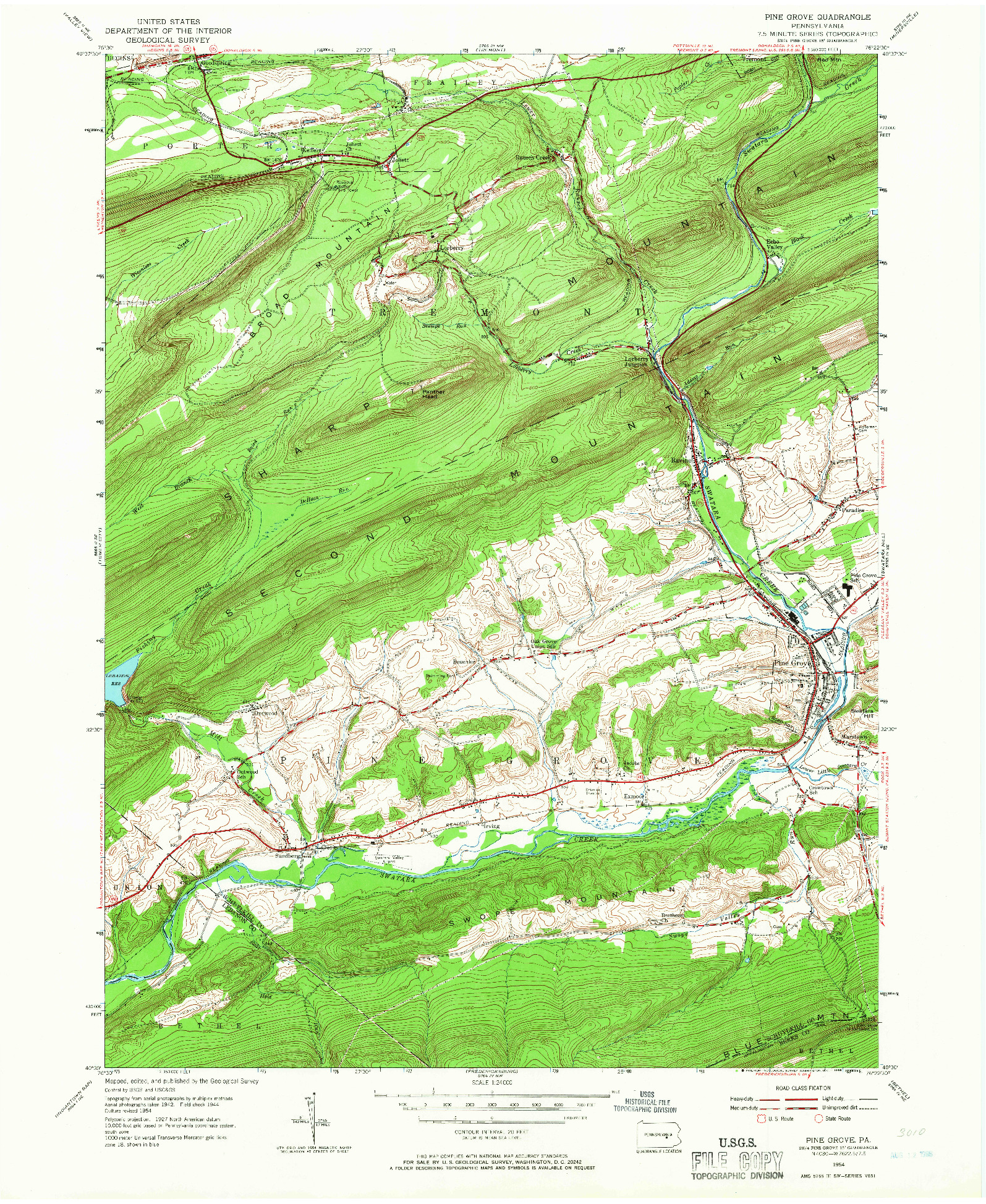 USGS 1:24000-SCALE QUADRANGLE FOR PINE GROVE, PA 1954