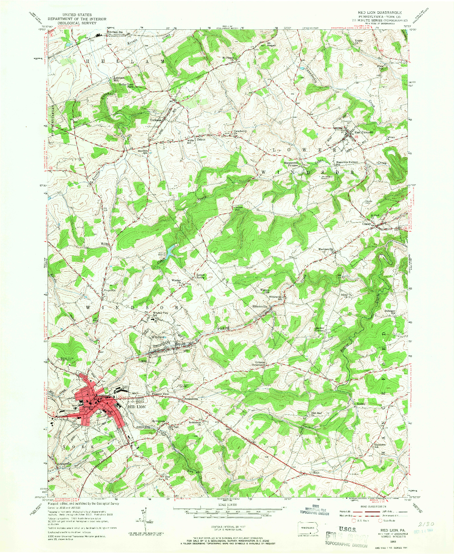 USGS 1:24000-SCALE QUADRANGLE FOR RED LION, PA 1953