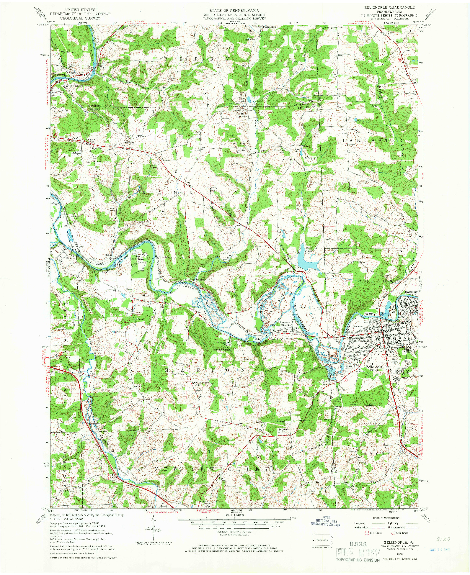 USGS 1:24000-SCALE QUADRANGLE FOR ZELIENOPLE, PA 1958