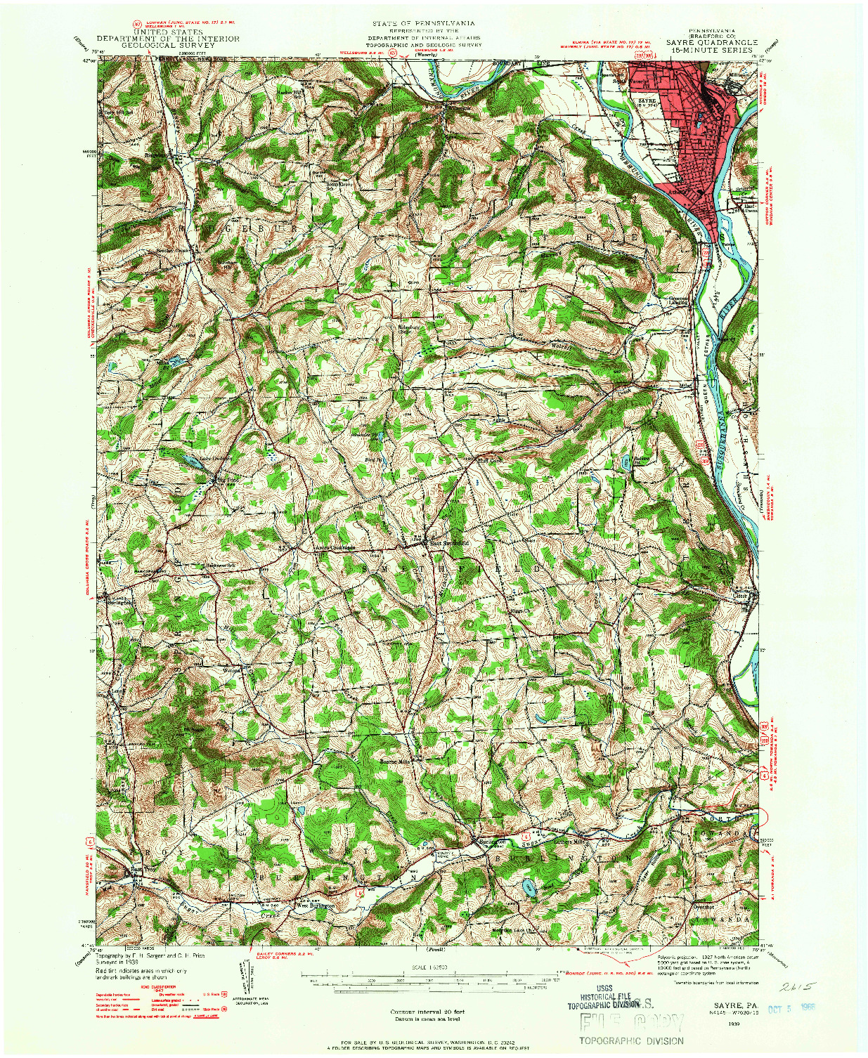 USGS 1:62500-SCALE QUADRANGLE FOR SAYRE, PA 1939