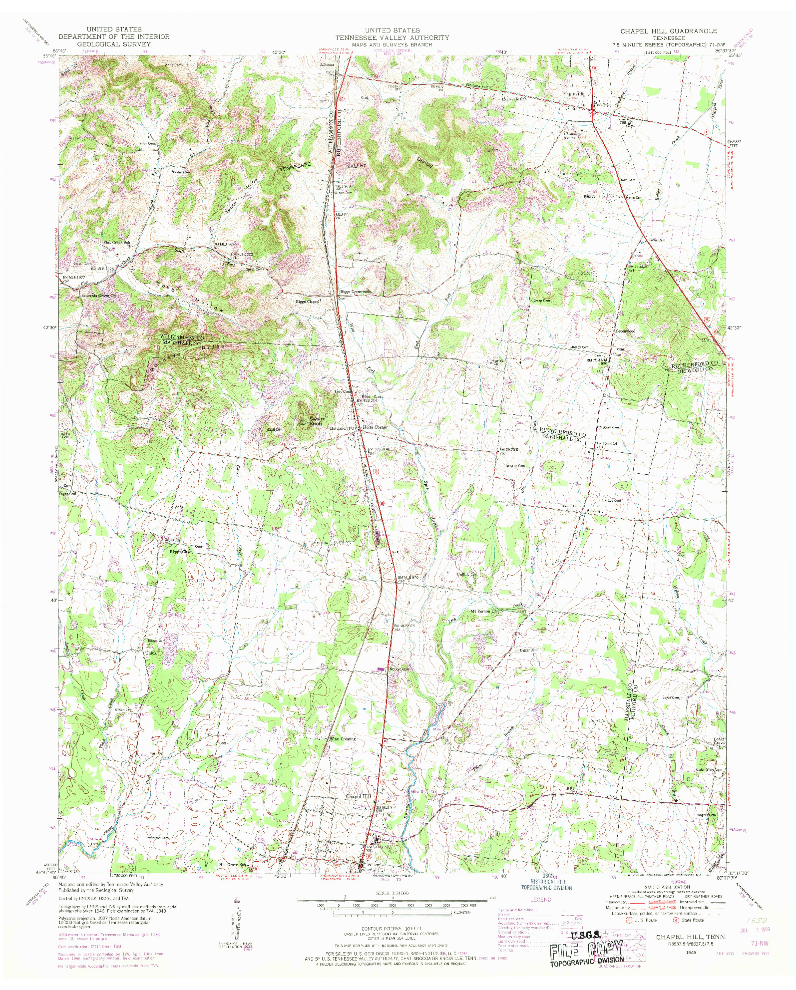 USGS 1:24000-SCALE QUADRANGLE FOR CHAPEL HILL, TN 1949
