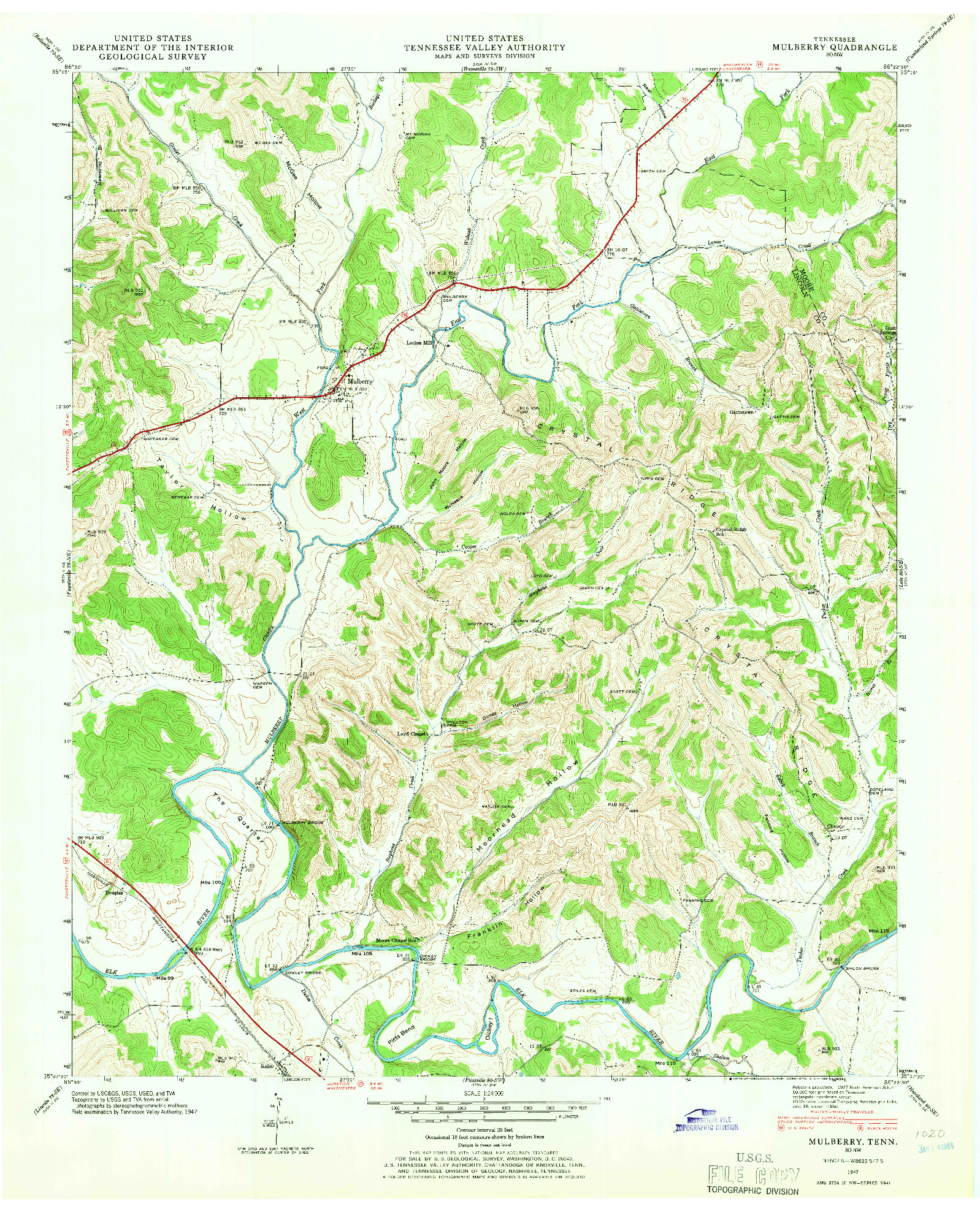 USGS 1:24000-SCALE QUADRANGLE FOR MULBERRY, TN 1947